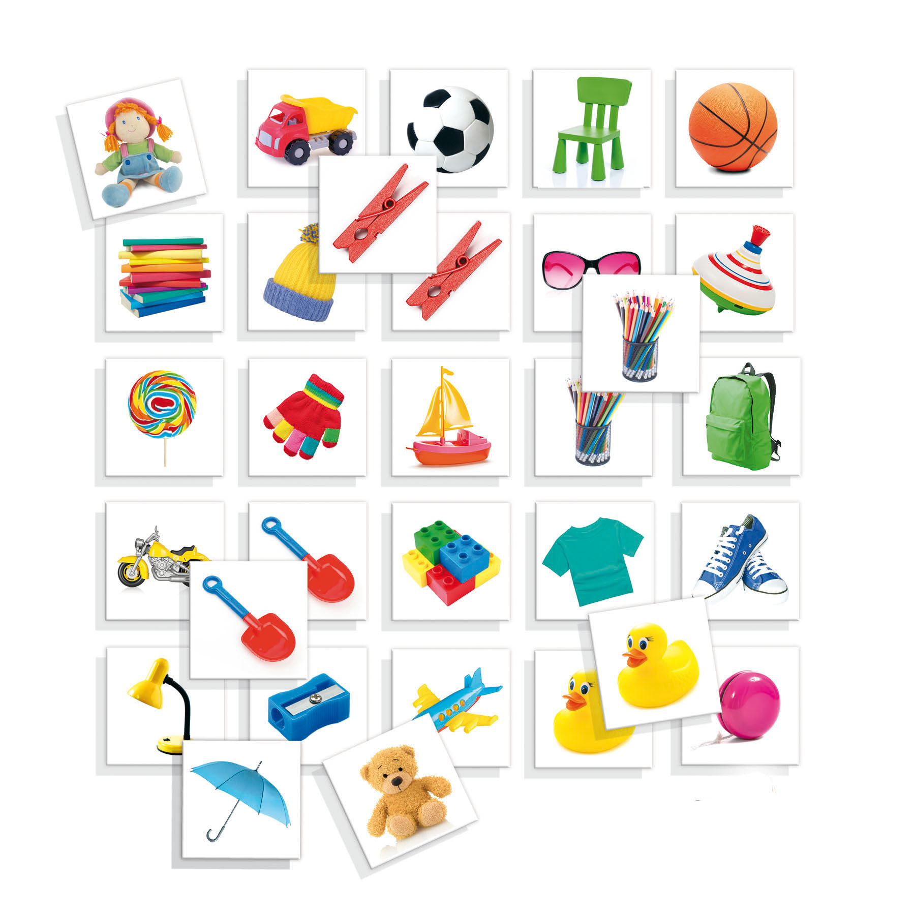 Kolekcja zabawek wyświetlanych na kartach. Lalka, piłka i klocki to tylko niektóre z nich.