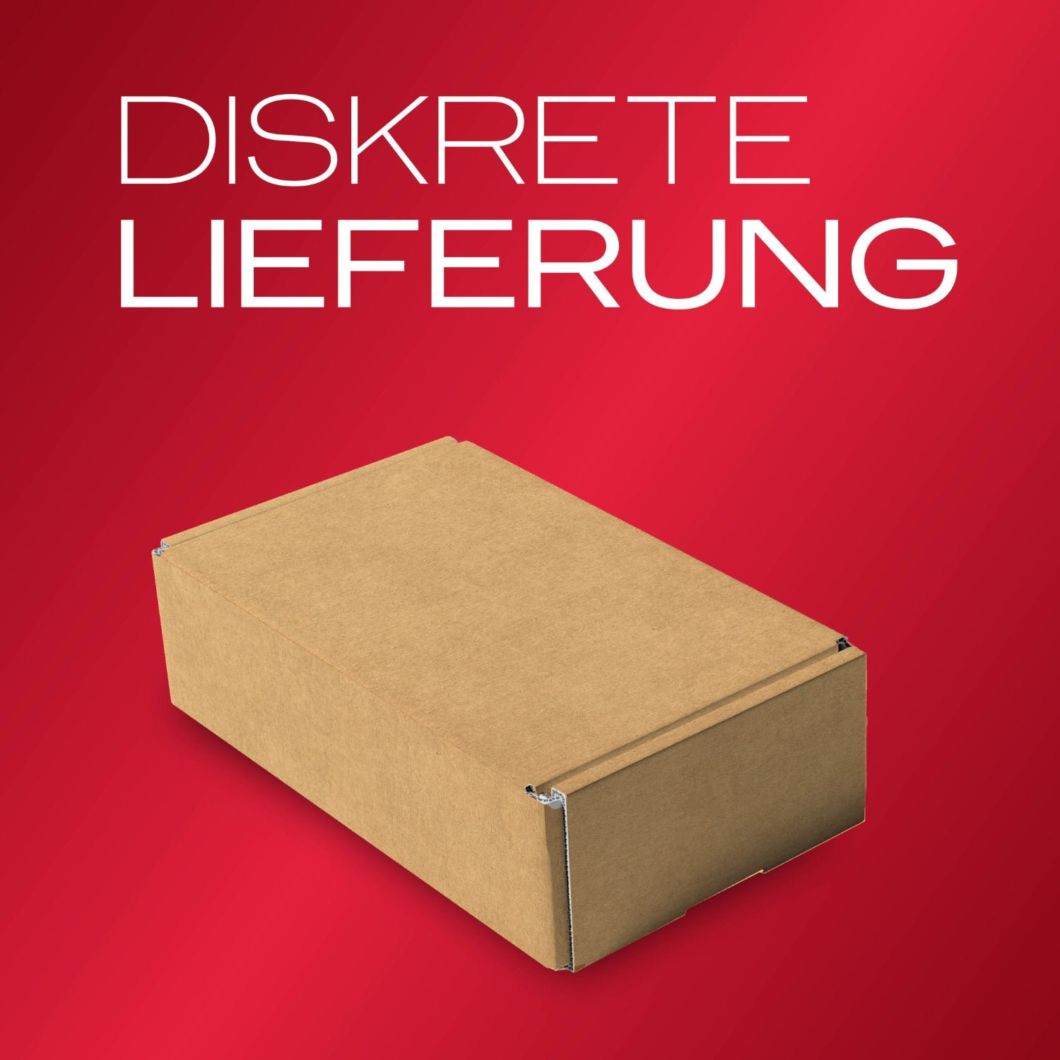 Ein schlichter Pappkarton auf rotem Hintergrund.