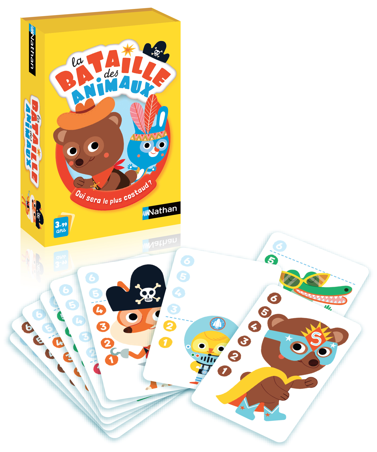 Scatola di un gioco di carte per bambini con carte. Scatola gialla con un'illustrazione di orso e coniglio. Carte su sfondo bianco