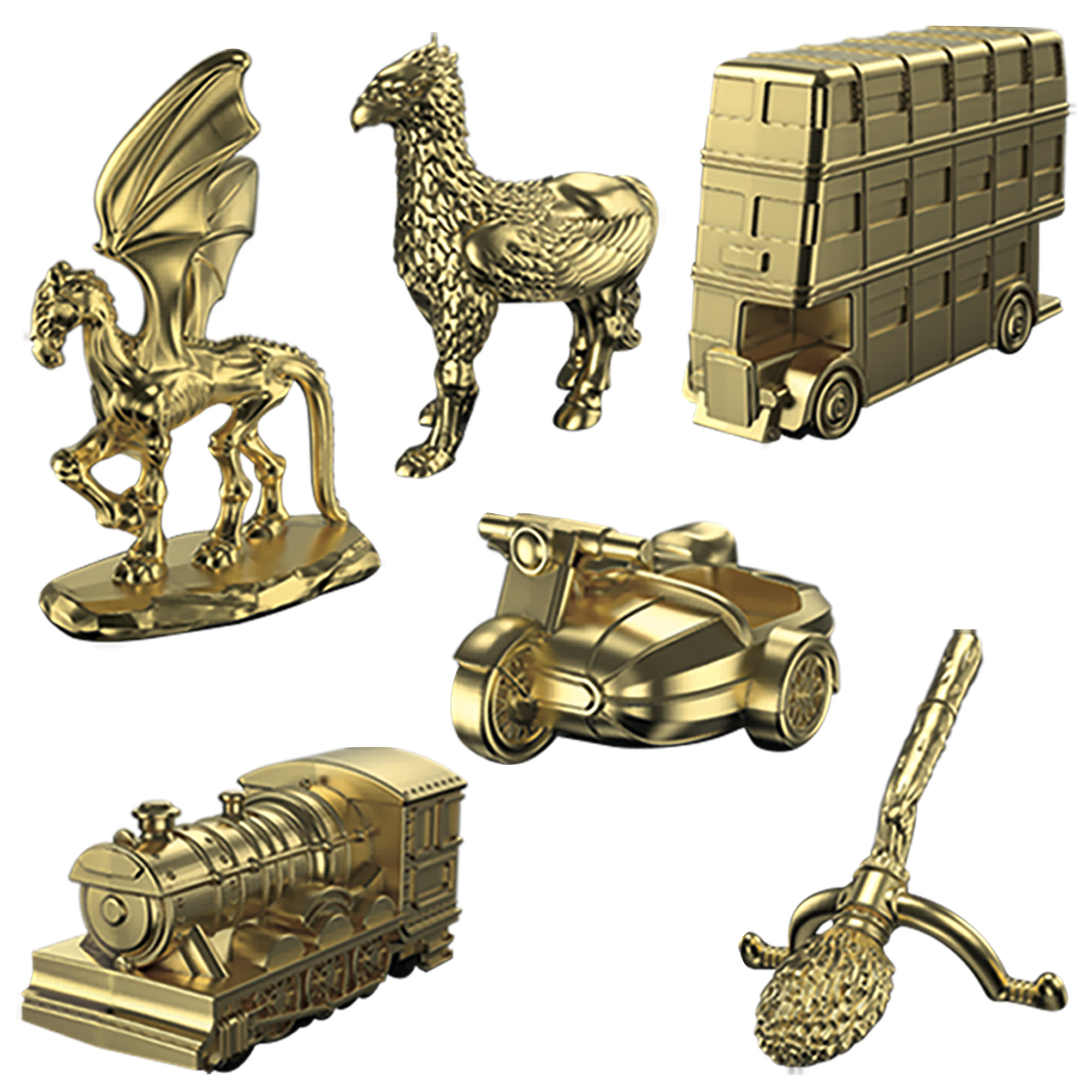 Goldene Monopoly-Spielfiguren: Drache, Greif, Bus, Motorrad, Zug und Besen.