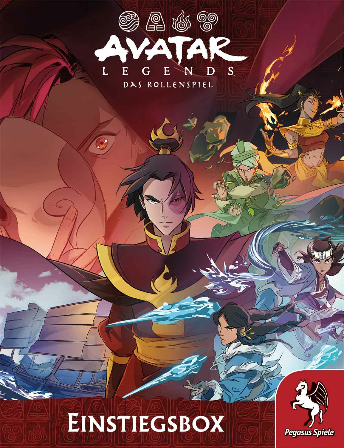 Avatar Legends Spielbox. Enthält Charaktere aus dem Avatar-Universum. Text auf Deutsch. Pegasus Spiele Logo.