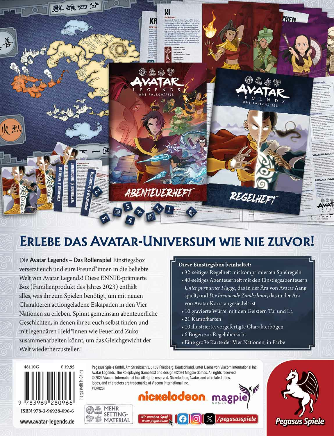 Die Rückseite einer Brettspielbox mit Text und Bildern zu Avatar: Der Herr der Elemente.