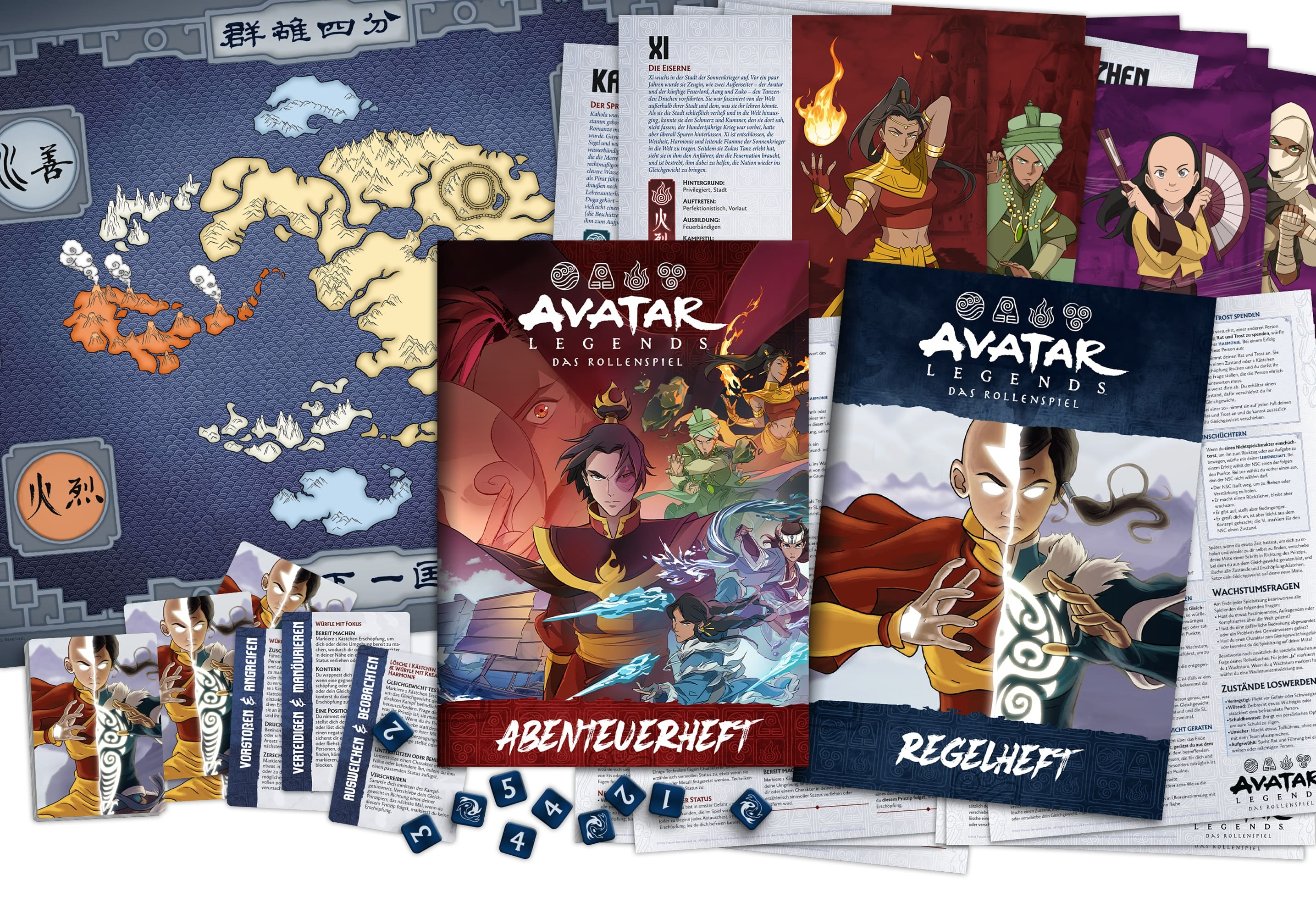 Avatar Legends Brettspielmaterialien, einschließlich Karten und Regelbücher.
