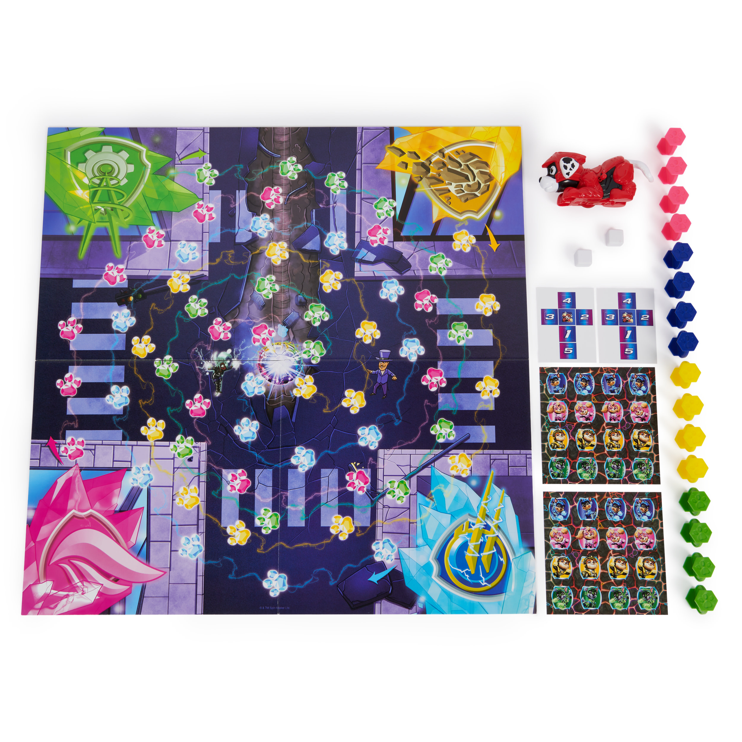Brettspiel mit Spielbrett, Hundefigur und Spielmaterial.