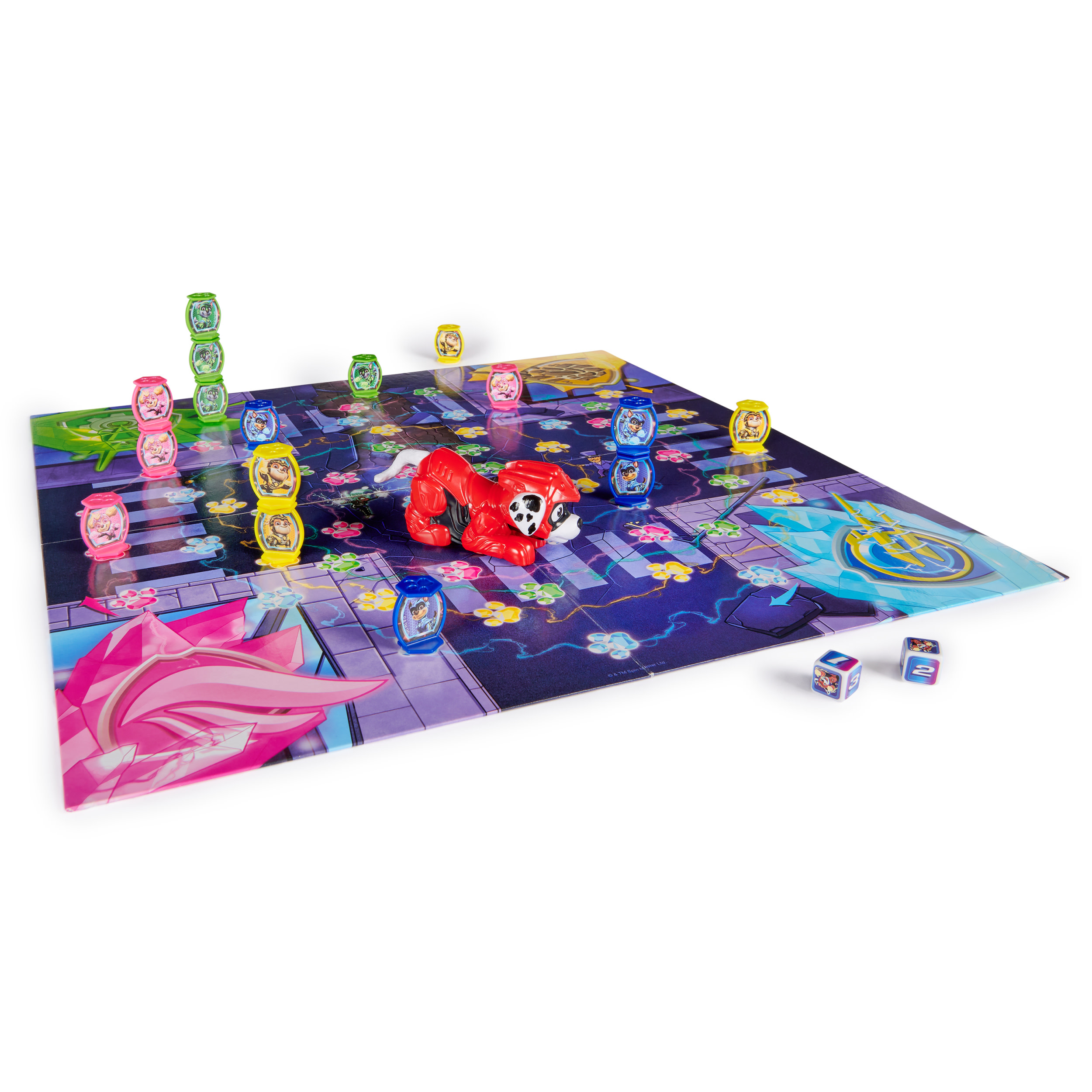 Brettspiel mit Zeichentrickfiguren und Würfeln. Das Brett ist bunt und die Spielsteine sind platziert.