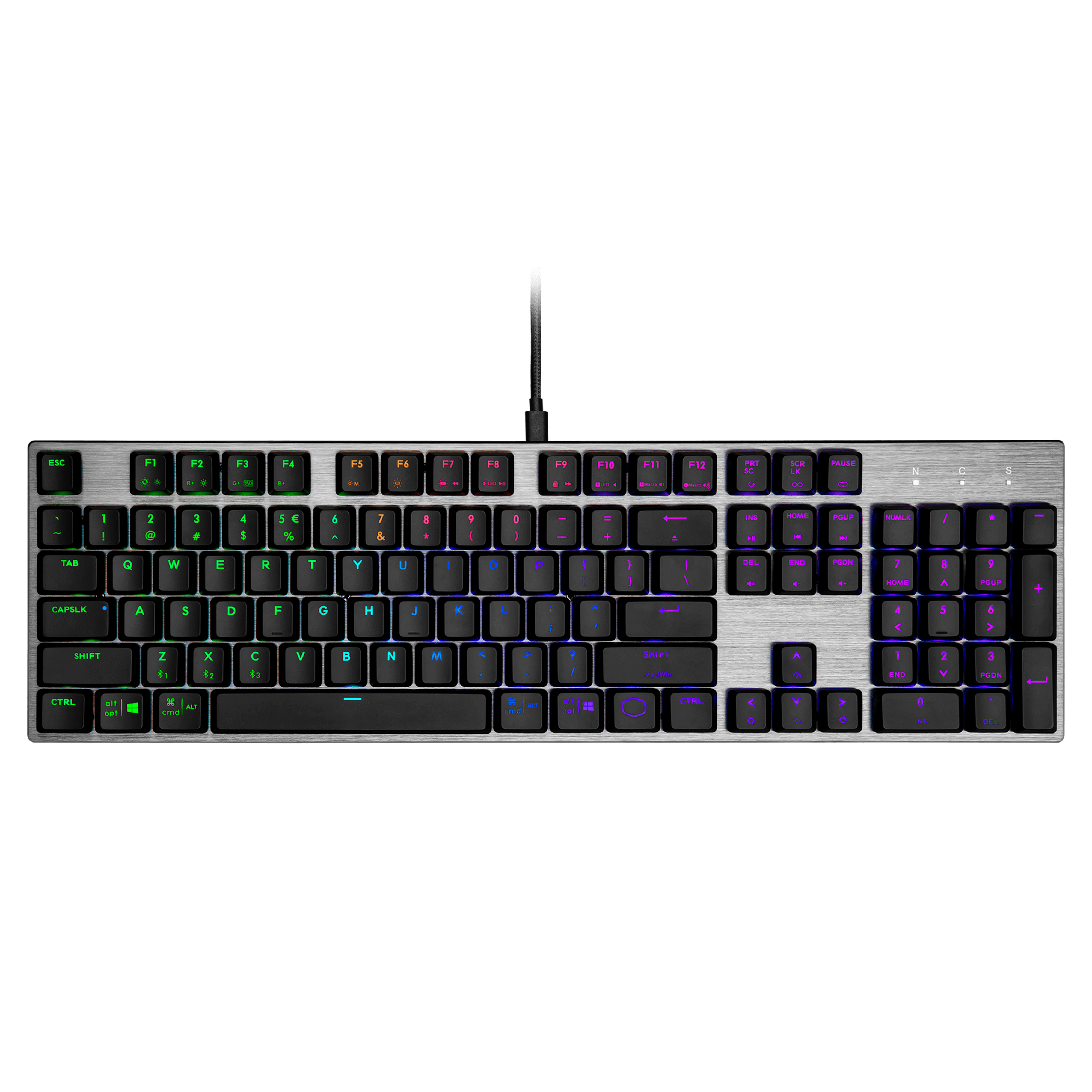 Eine mechanische Tastatur in voller Größe, silberne Oberseite, schwarze Tasten, mit Symbolen und Buchstaben.
