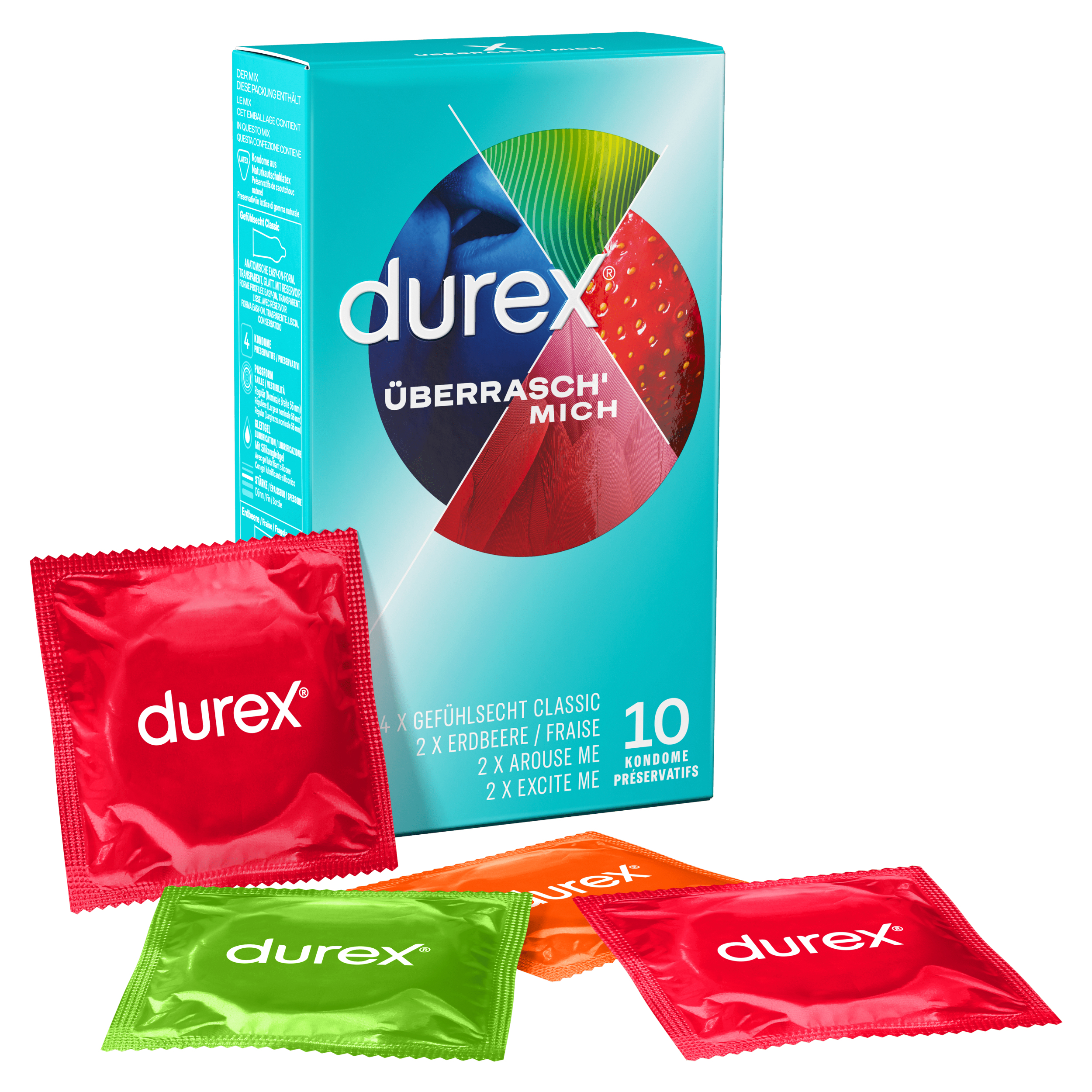 Pudełko prezerwatyw Durex i kolorowe opakowania prezerwatyw. Pudełko ma niebieskie tło.