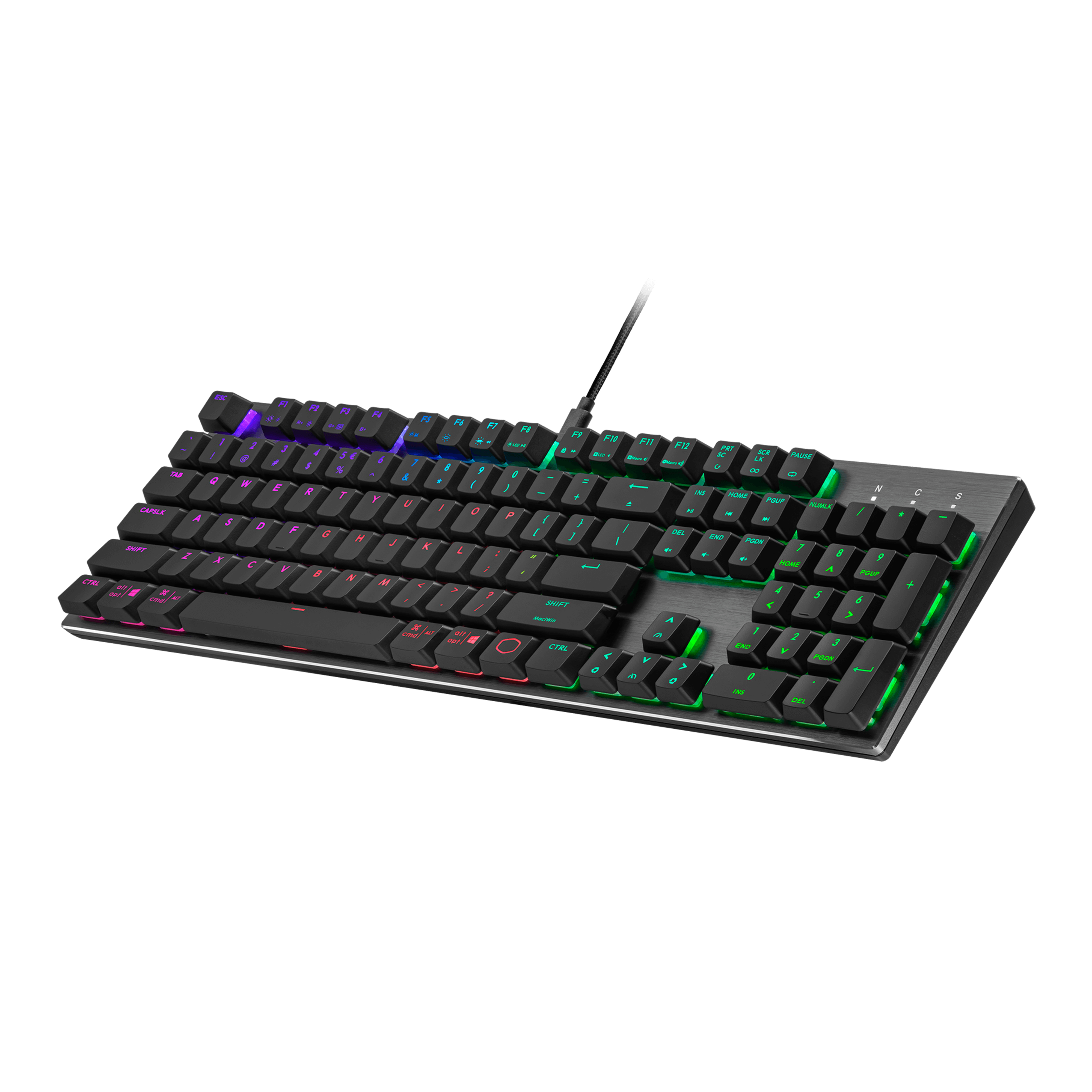 Schwarze Computertastatur mit farbigen, hintergrundbeleuchteten Tasten.