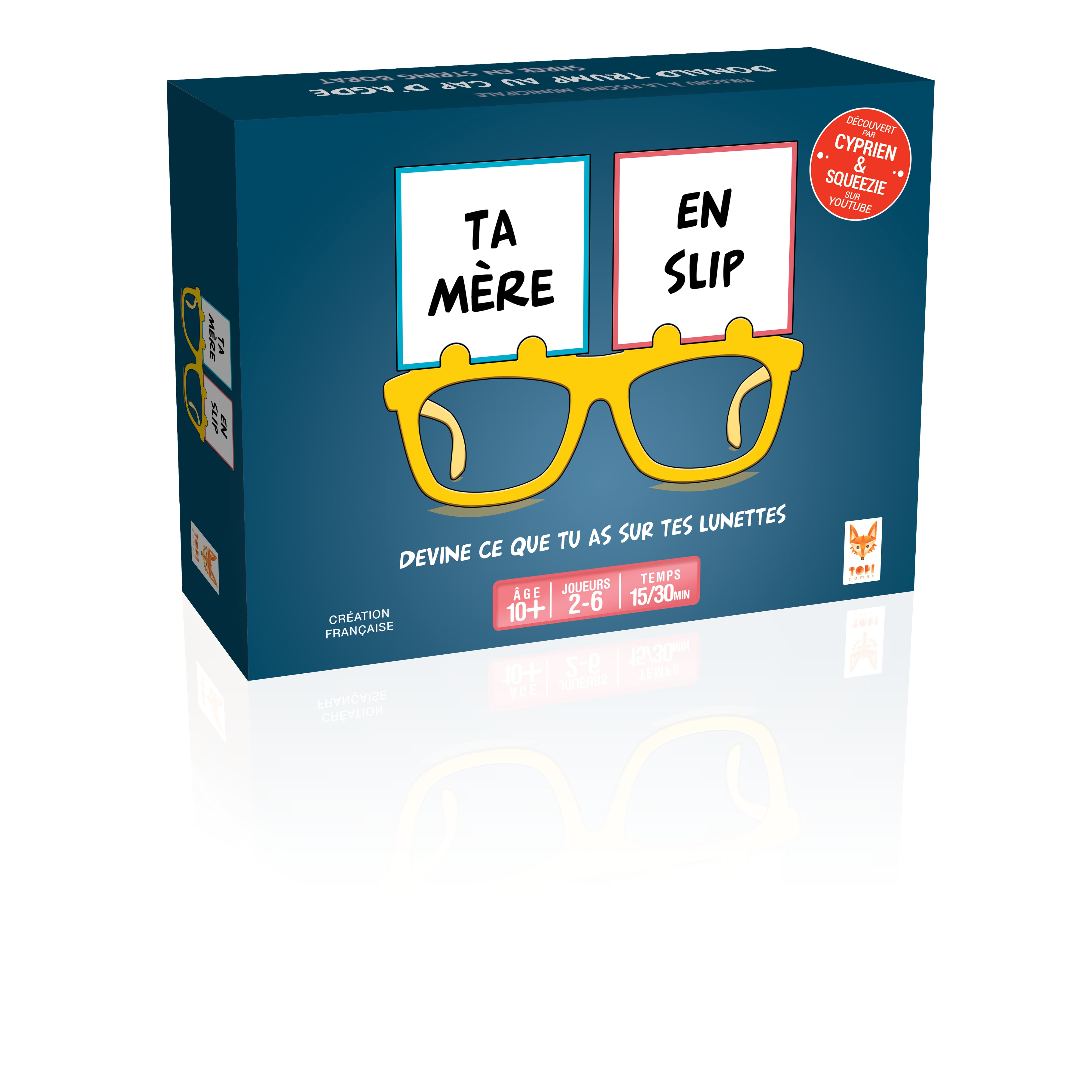 Caja de juego "Devine ce que tu as sur tes lunettes", con texto y gafas.