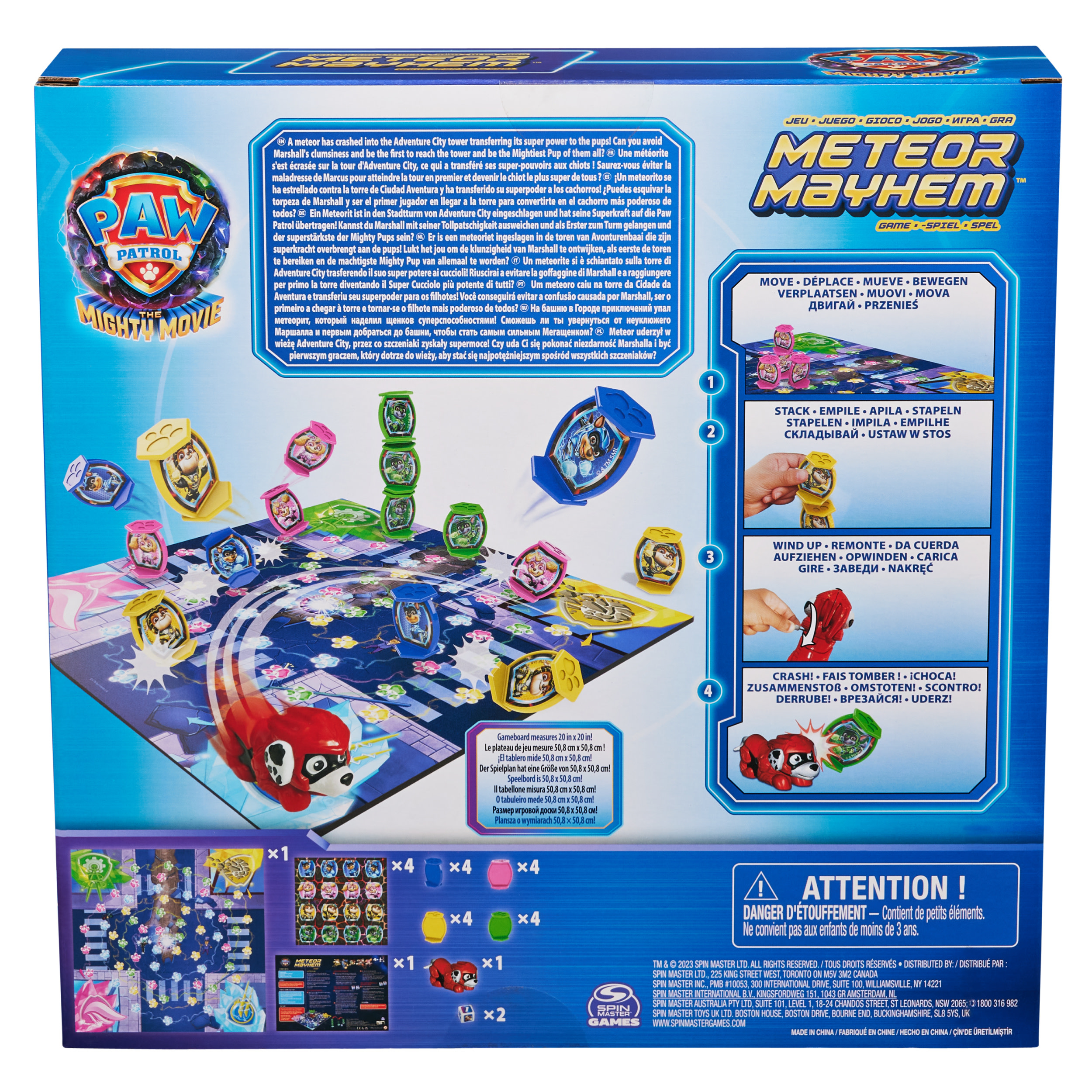 Rückseite der Paw Patrol-Brettspielbox mit Spielinfo und Spielmaterial.