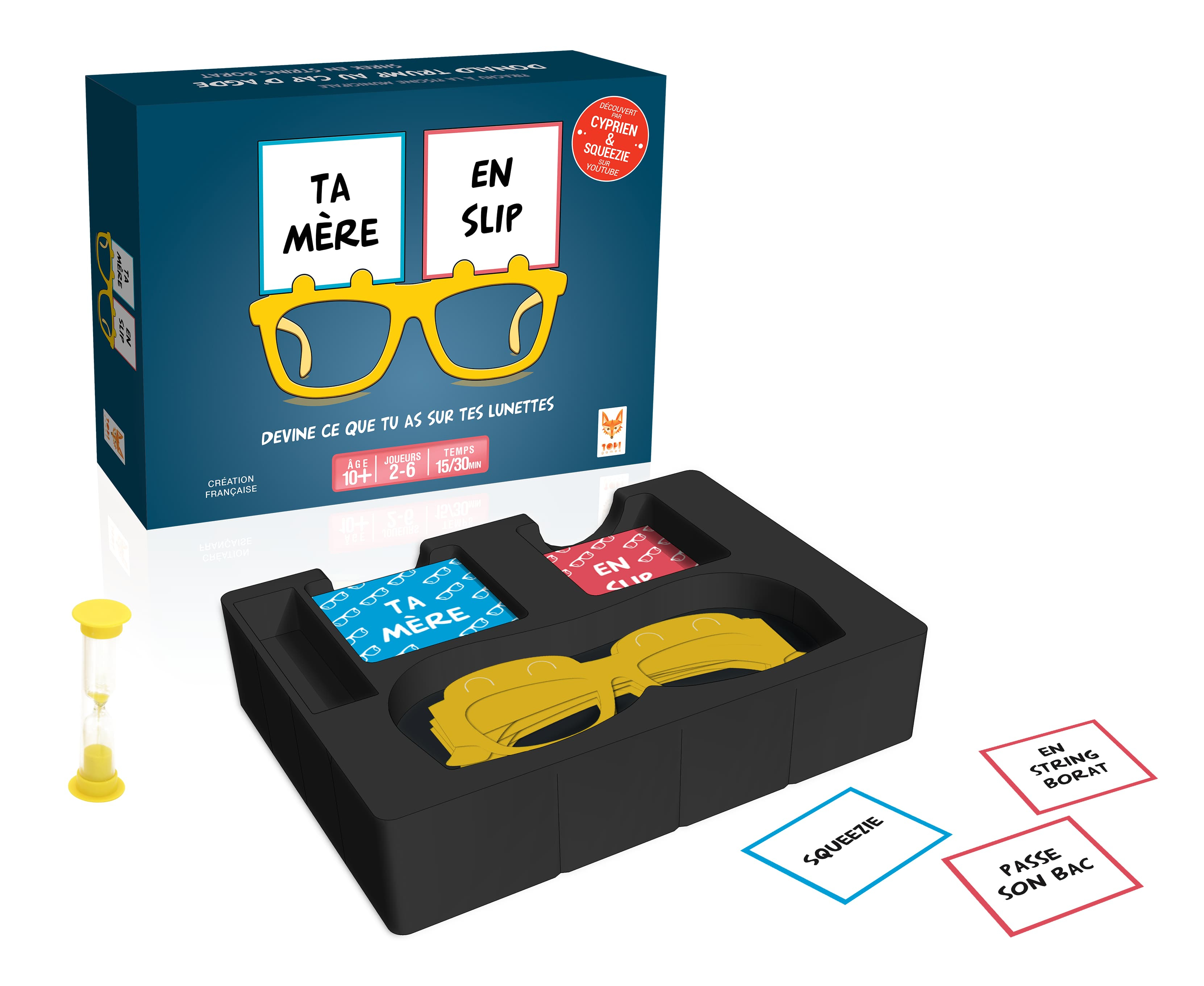 Juego en caja con gafas. Cartas dicen 'TA MERE', 'EN SLIP' y 'SQUEEZIE'.