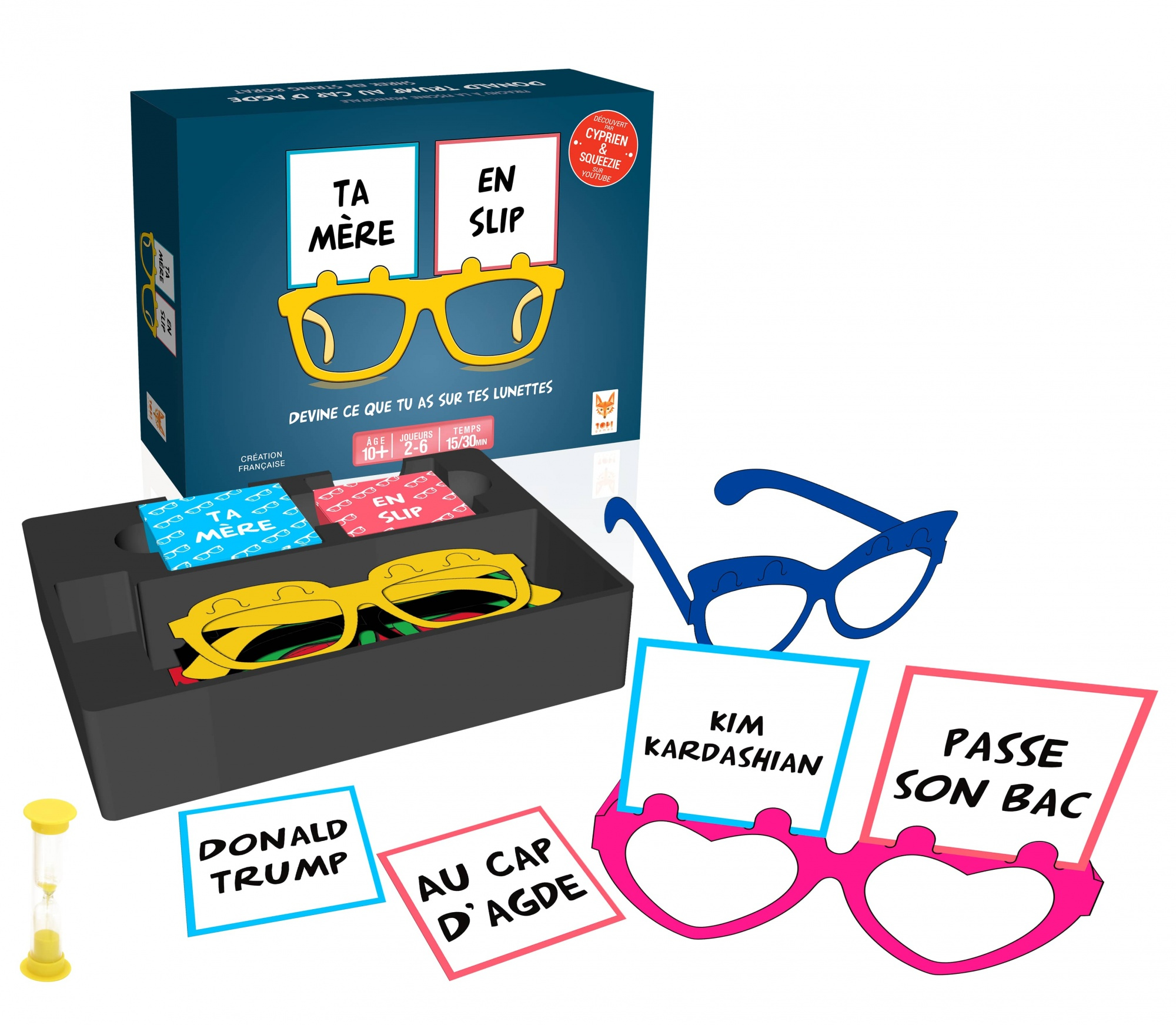 Juego en caja con gafas. Cartas dicen 'TA MERE', 'EN SLIP' y 'SQUEEZIE'.