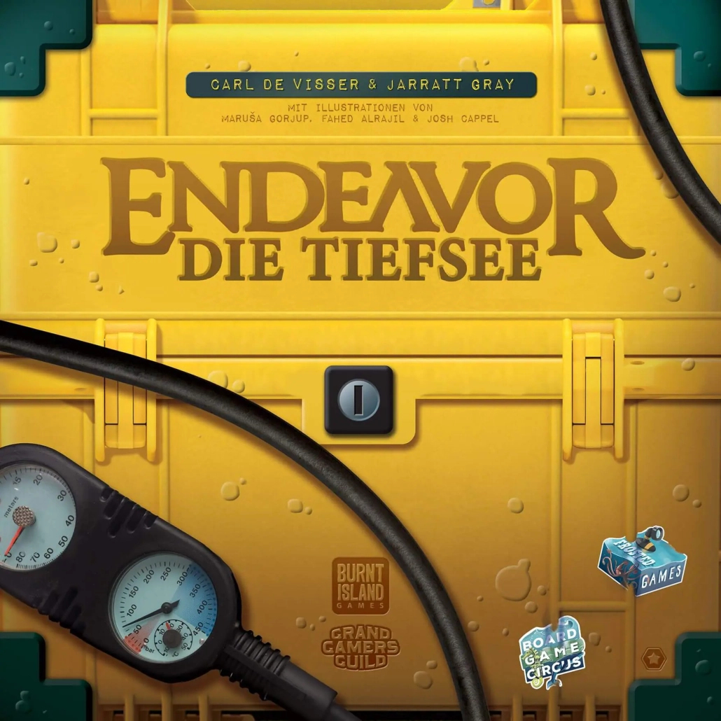 Scatola del gioco da tavolo Endeavor Die Tiefsee. Scatola gialla con attrezzatura subacquea.