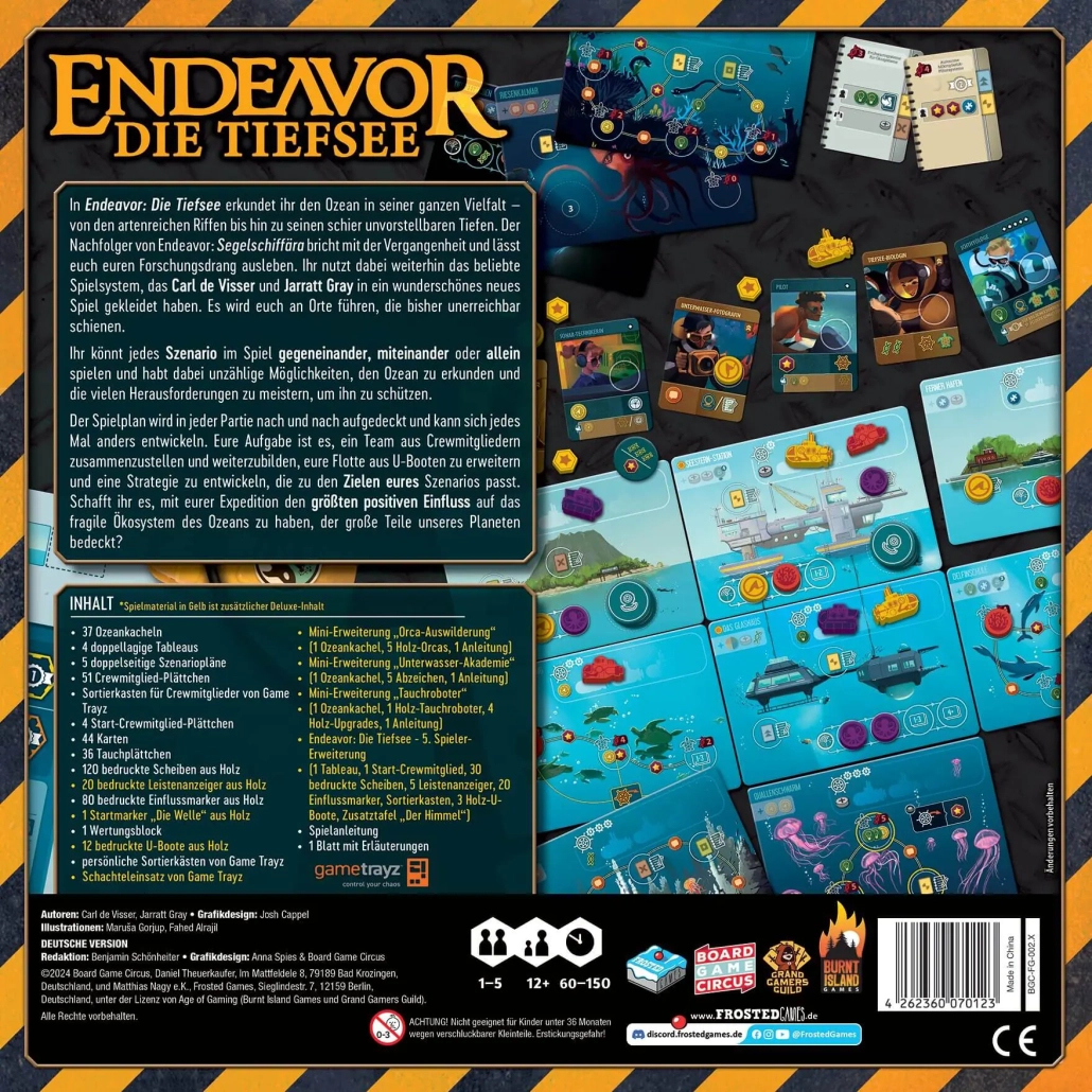 Retro di una scatola di gioco da tavolo con dettagli sul gioco Endeavor: Die Tiefsee.