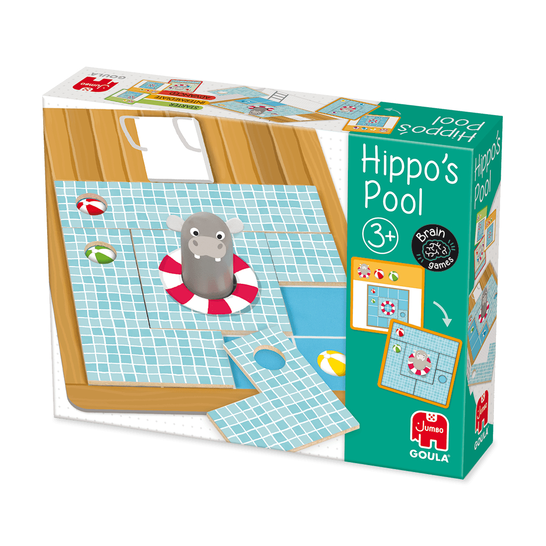 Caja del juego de mesa Hippo's Pool. Muestra un hipopótamo en una piscina, piezas del juego e instrucciones.