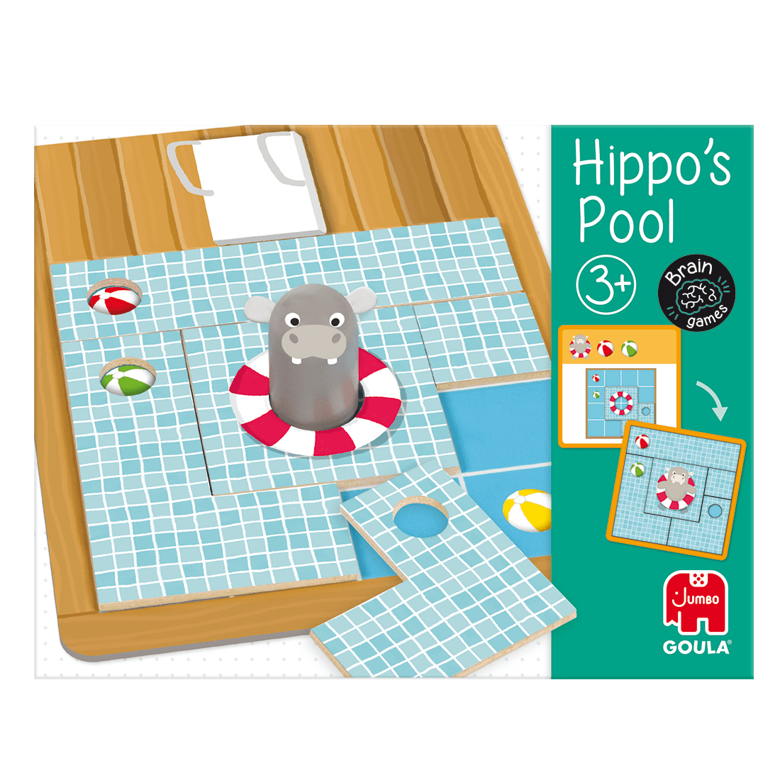 Juego Hippo's Pool. Un hipopótamo con un flotador está en una piscina. Fondo verde y blanco.