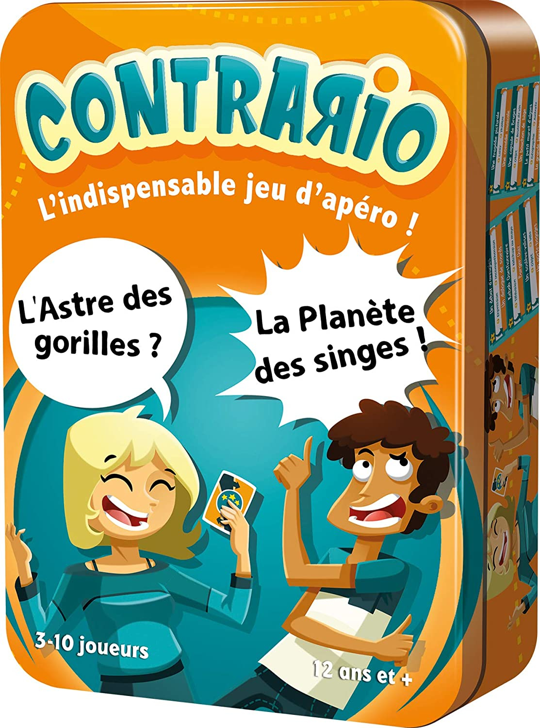 Contrairo-Spielbox mit Cartoon-Figuren. Einer hält eine Karte. Ein anderer zeigt. Textblasen mit Fragen.