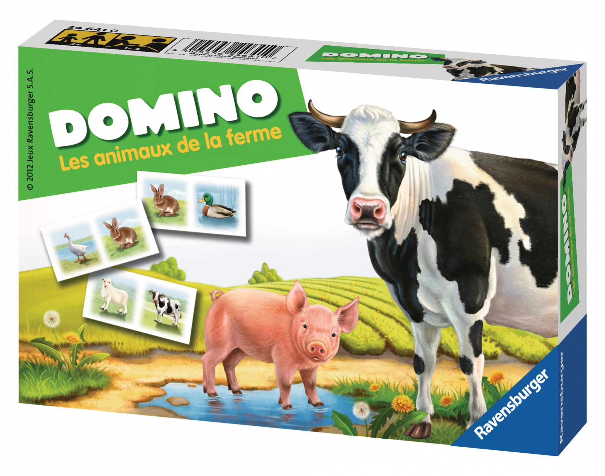 Dominospielbox mit Bauernhoftieren und Text auf Französisch.