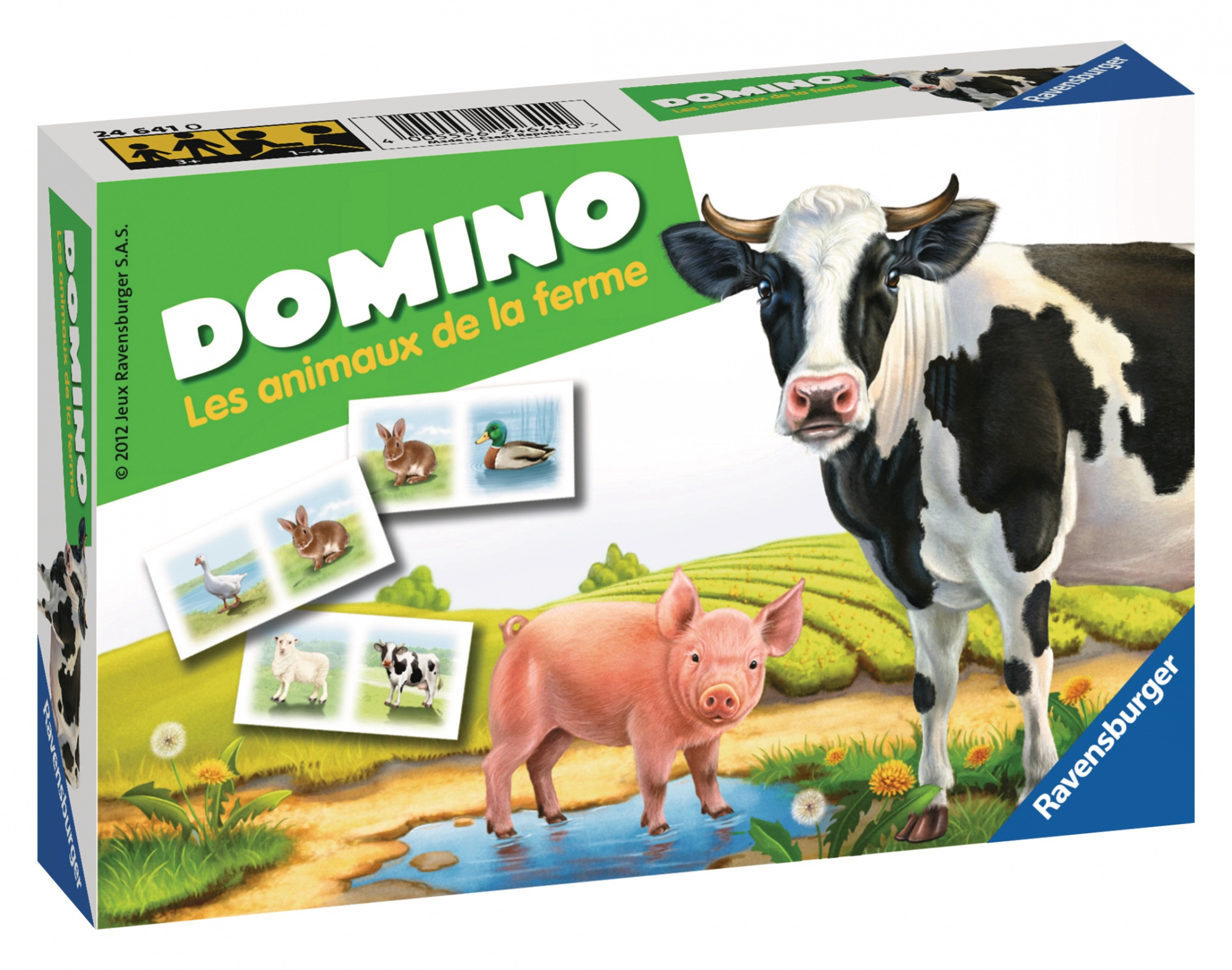 Dominospielbox mit Hoftieren, Kuh, Schwein. Die Box zeigt Tierbilder wie Kaninchen und Ente.
