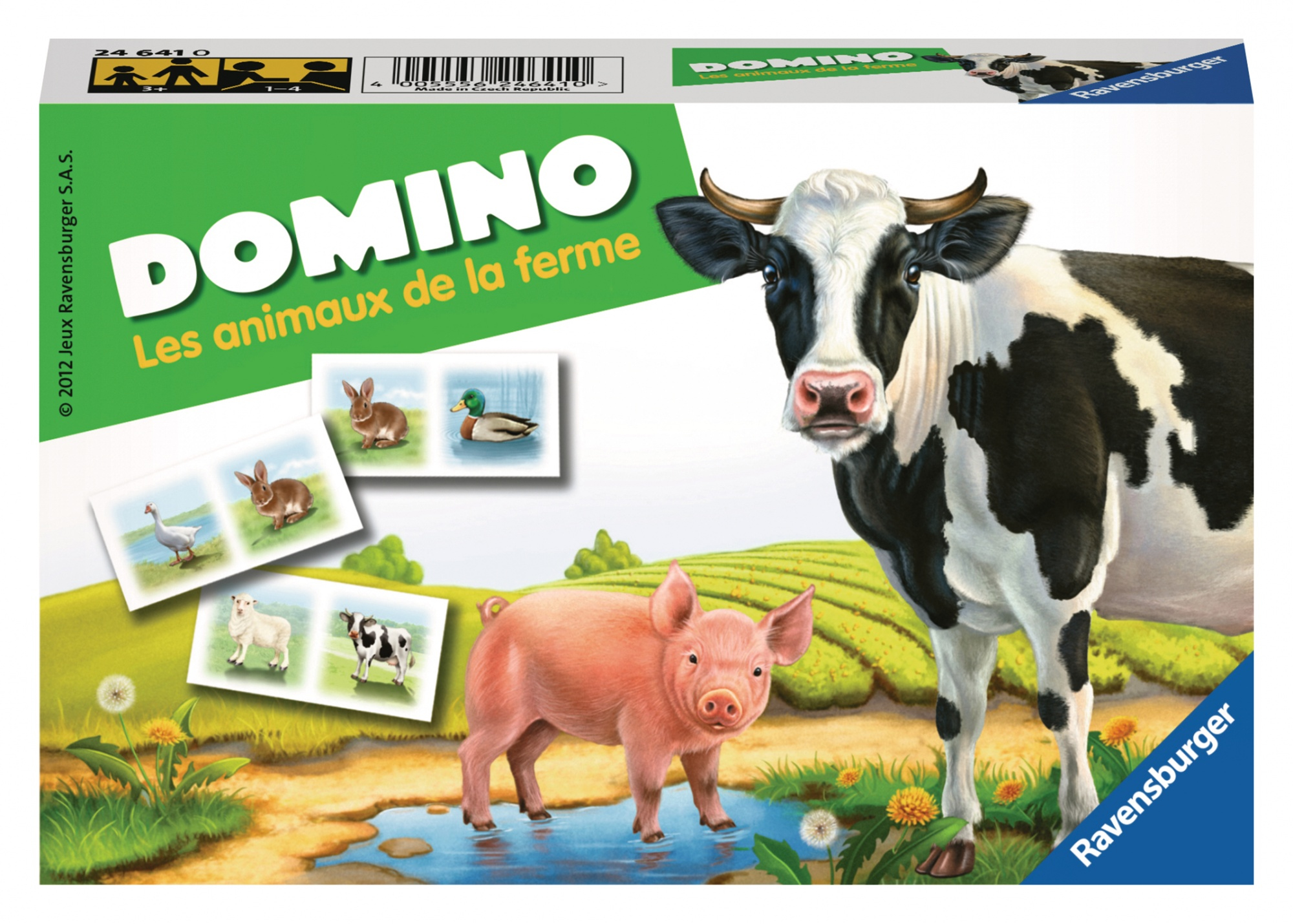 Dominospielbox mit Hoftieren, darunter eine Kuh und ein Schwein.