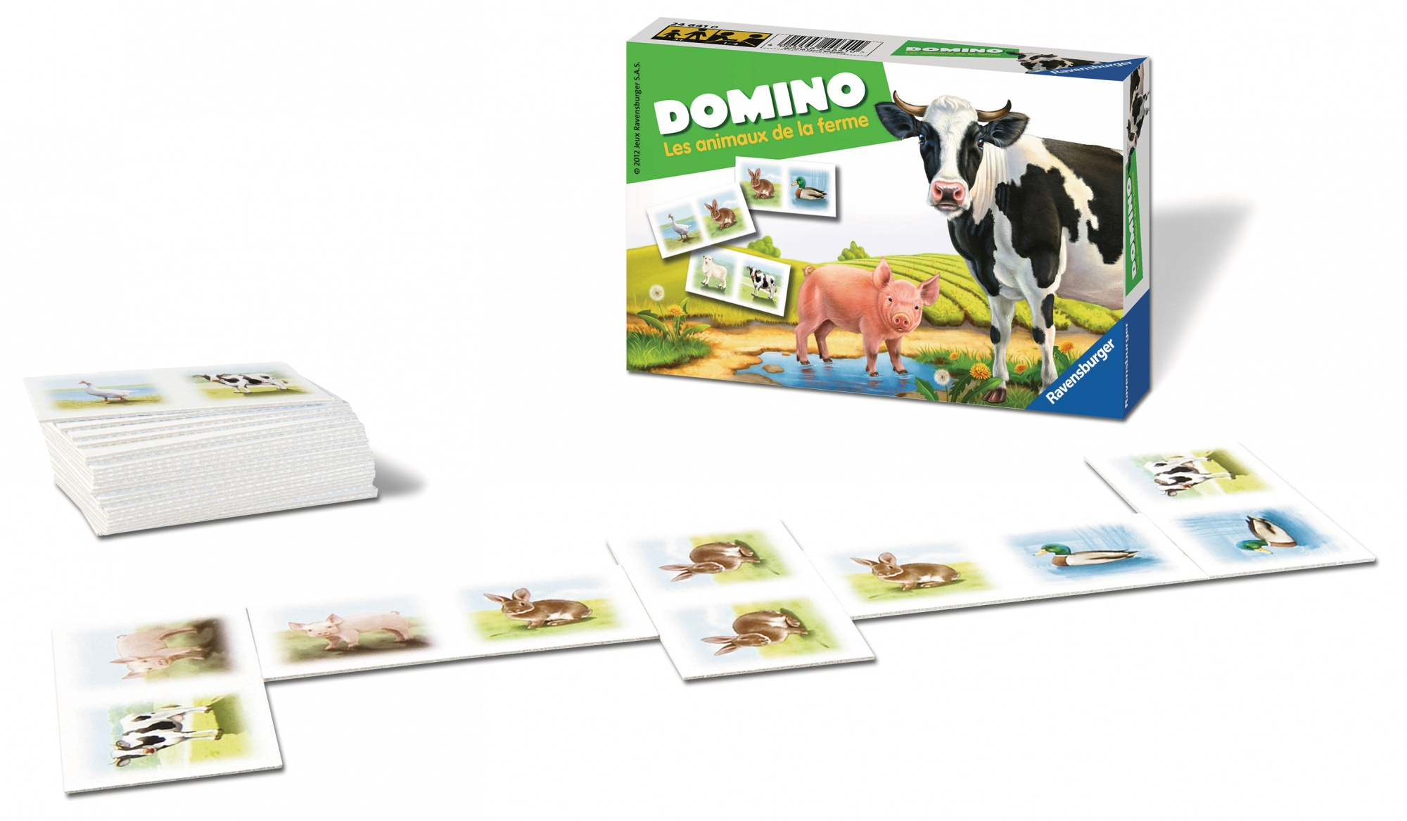 Dominospielbox mit Hoftieren, Kuh, Schwein und Dominosteinen mit Tierbildern auf weißem Hintergrund.