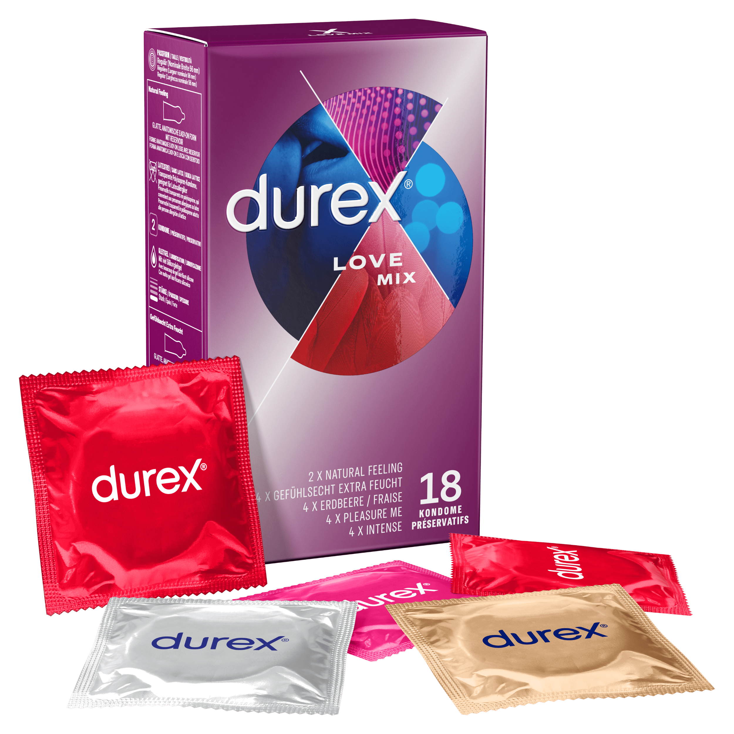 Prezerwatywy Durex Love Mix, z pudełkiem i różnymi kolorowymi opakowaniami.