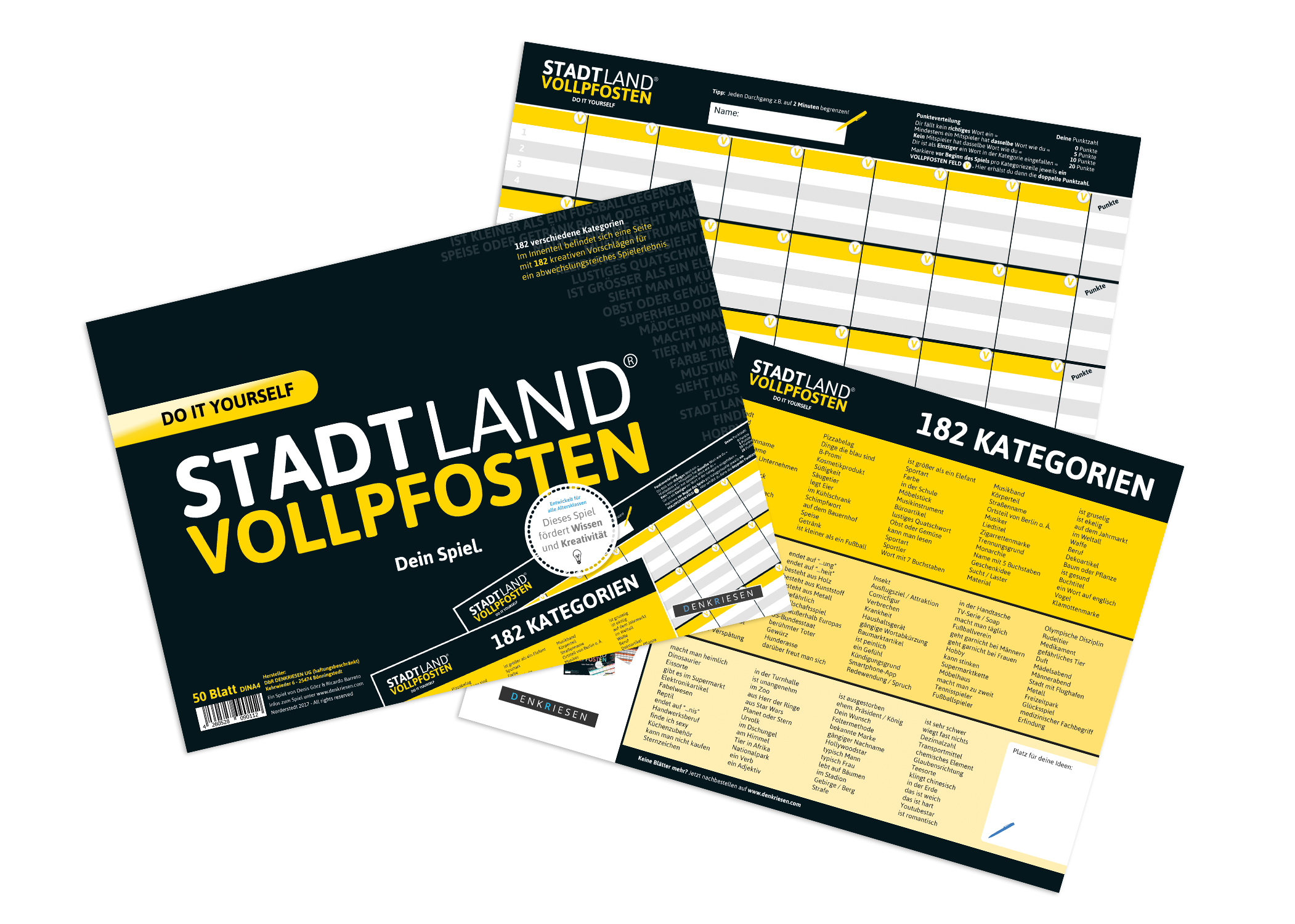 Stadland Vollpfosten Spielmaterial. Enthält Karten, ein Spielbrett und Text mit gelb markierten Bereichen.