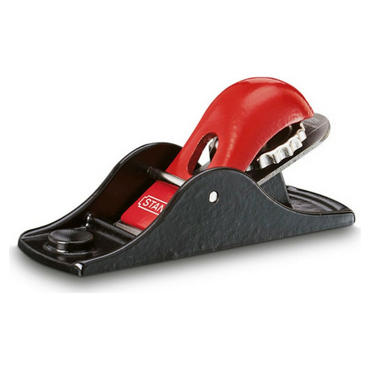 Czerwony i czarny hebel ręczny. Widoczne metalowe ostrze.