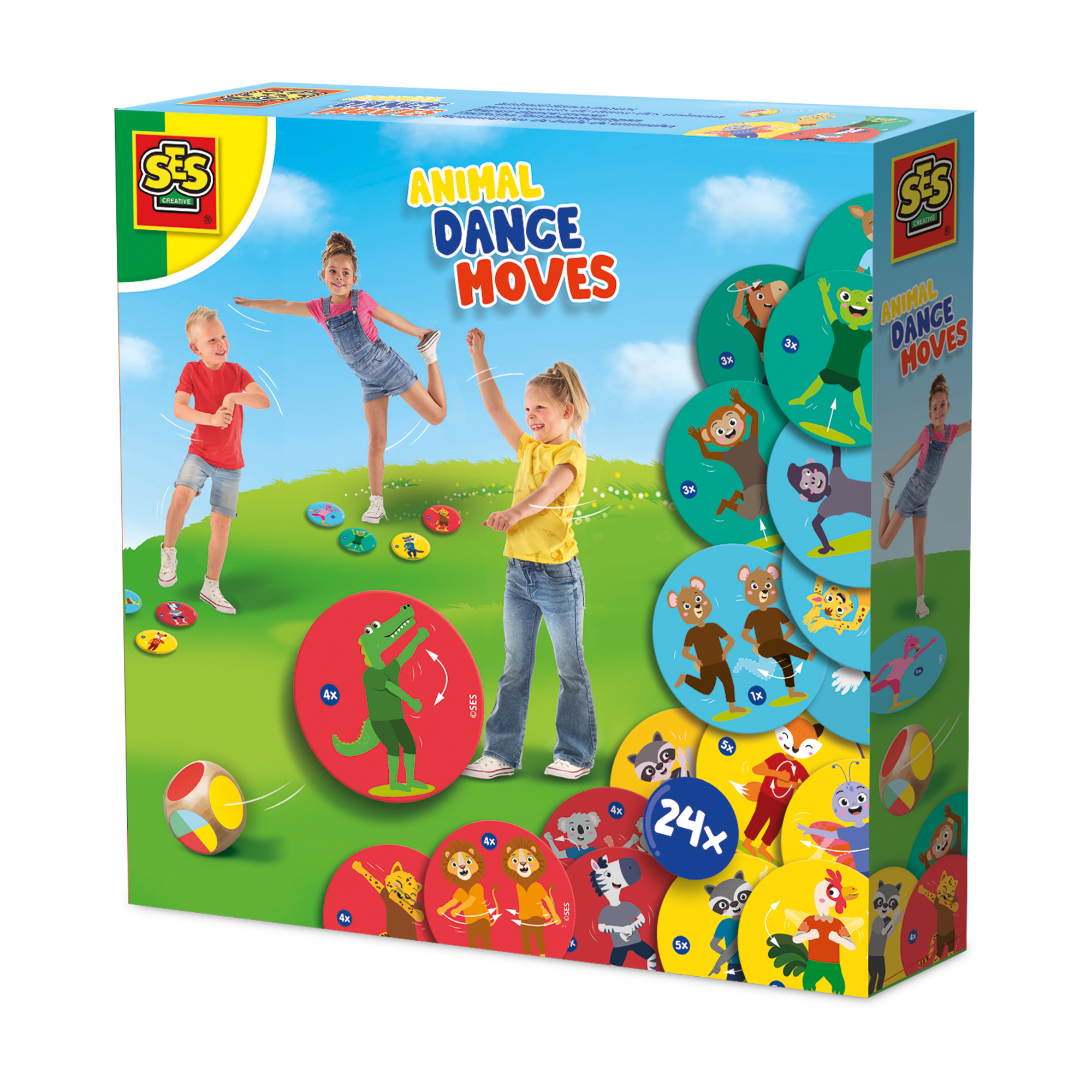 Doos van Animal Dance Moves spel. Kinderen spelen, dierenkaarten, kleurrijke achtergrond.