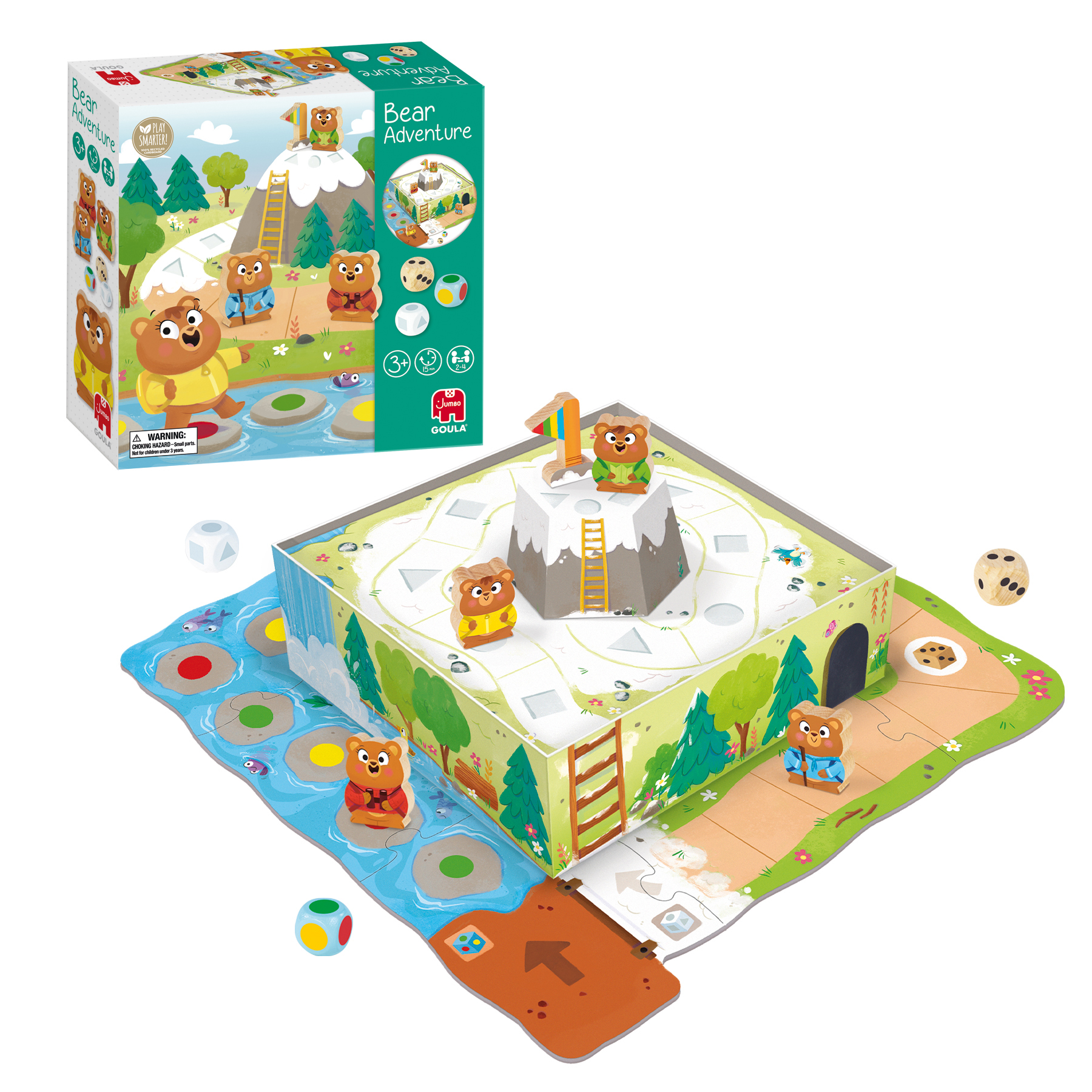 Un gioco da tavolo con personaggi di orsi su un sentiero montuoso con dadi e carte.