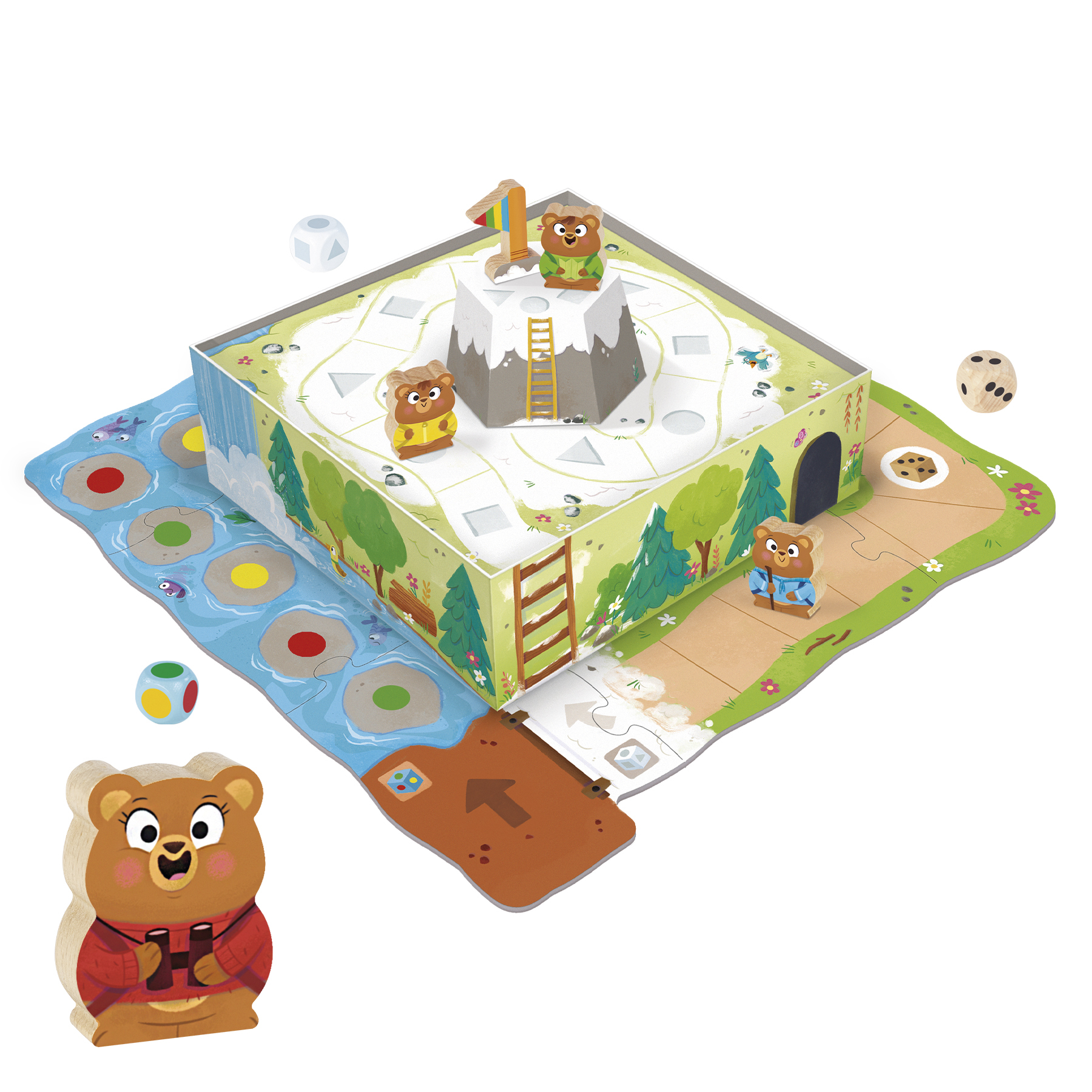 Un gioco da tavolo con orsi. Dadi e figure di orsi sono sparsi. Sfondo bianco.