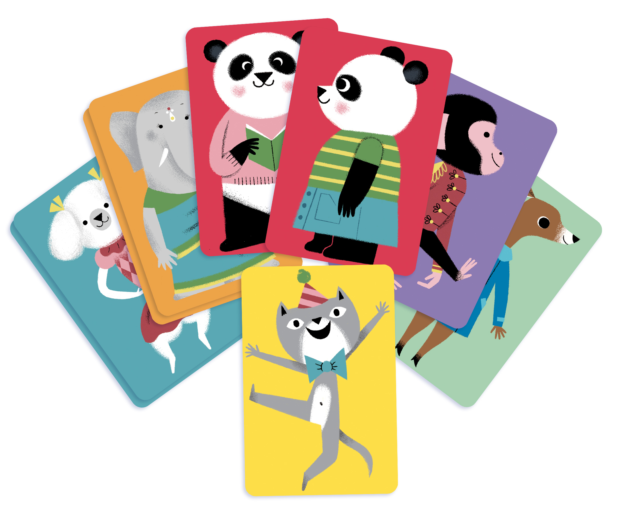 Karty ze zwierzętami z kreskówek. Panda, słoń, małpa, pies i kot.