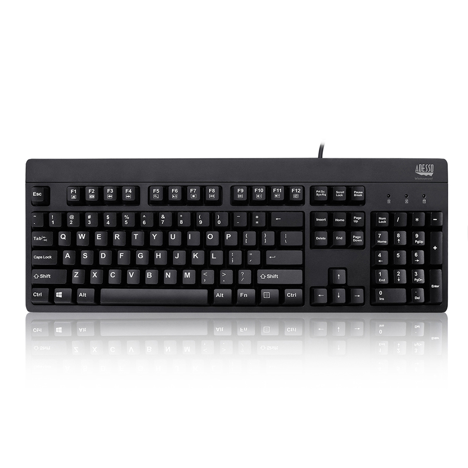 Een zwart computertoetsenbord met witte toetsen, beschreven met letters en symbolen.