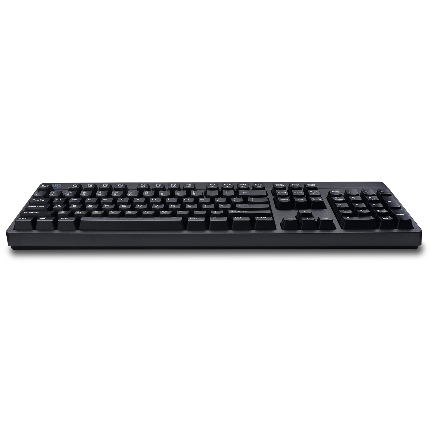 Een zwart computertoetsenbord met zwarte toetsen, beschreven met letters en symbolen.