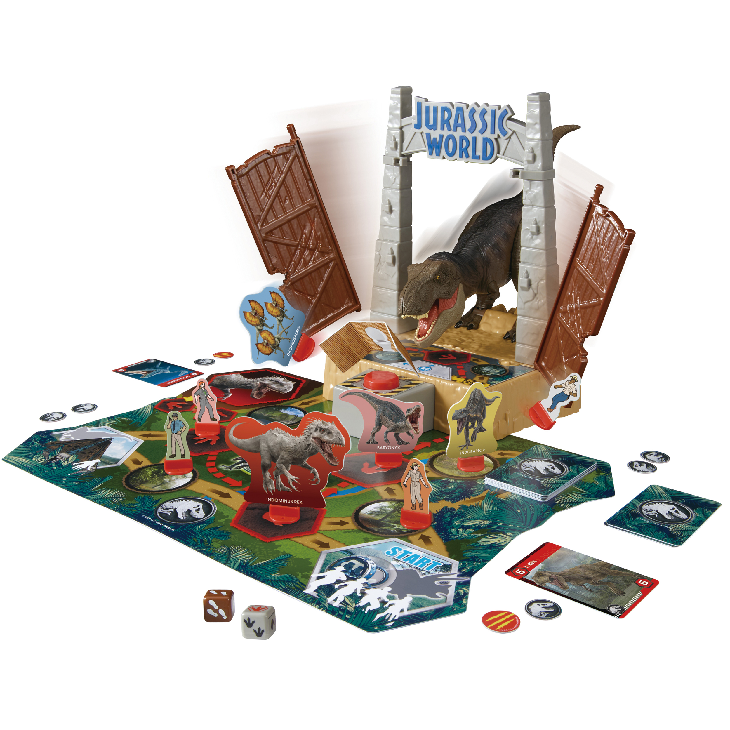 Un gioco da tavolo di Jurassic World con un dinosauro, un cancello e dei giocatori.
