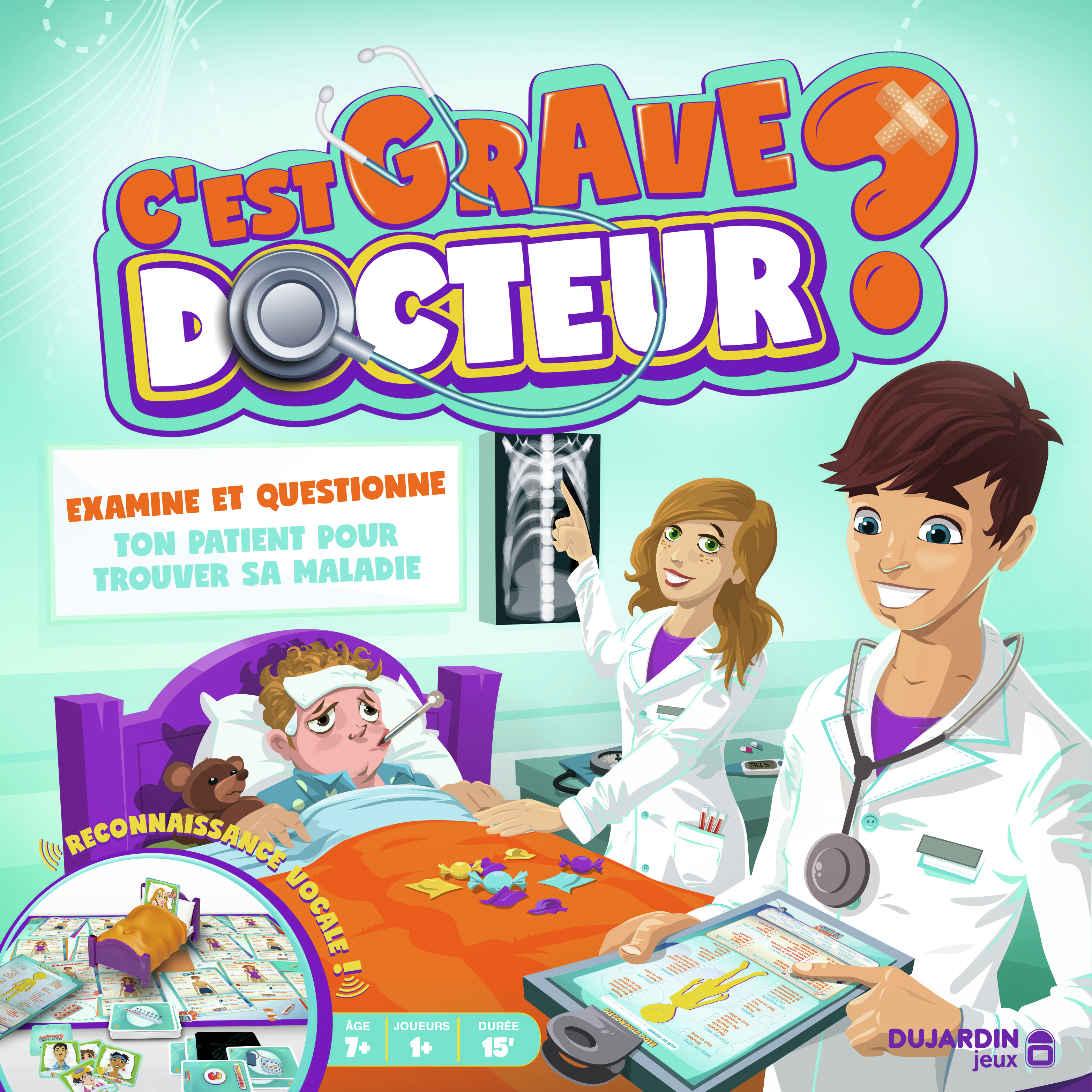 Brettspielbox 'C'est Grave Docteur'. Cartoon-Ärzte, Patient und Spielsteine sind sichtbar.