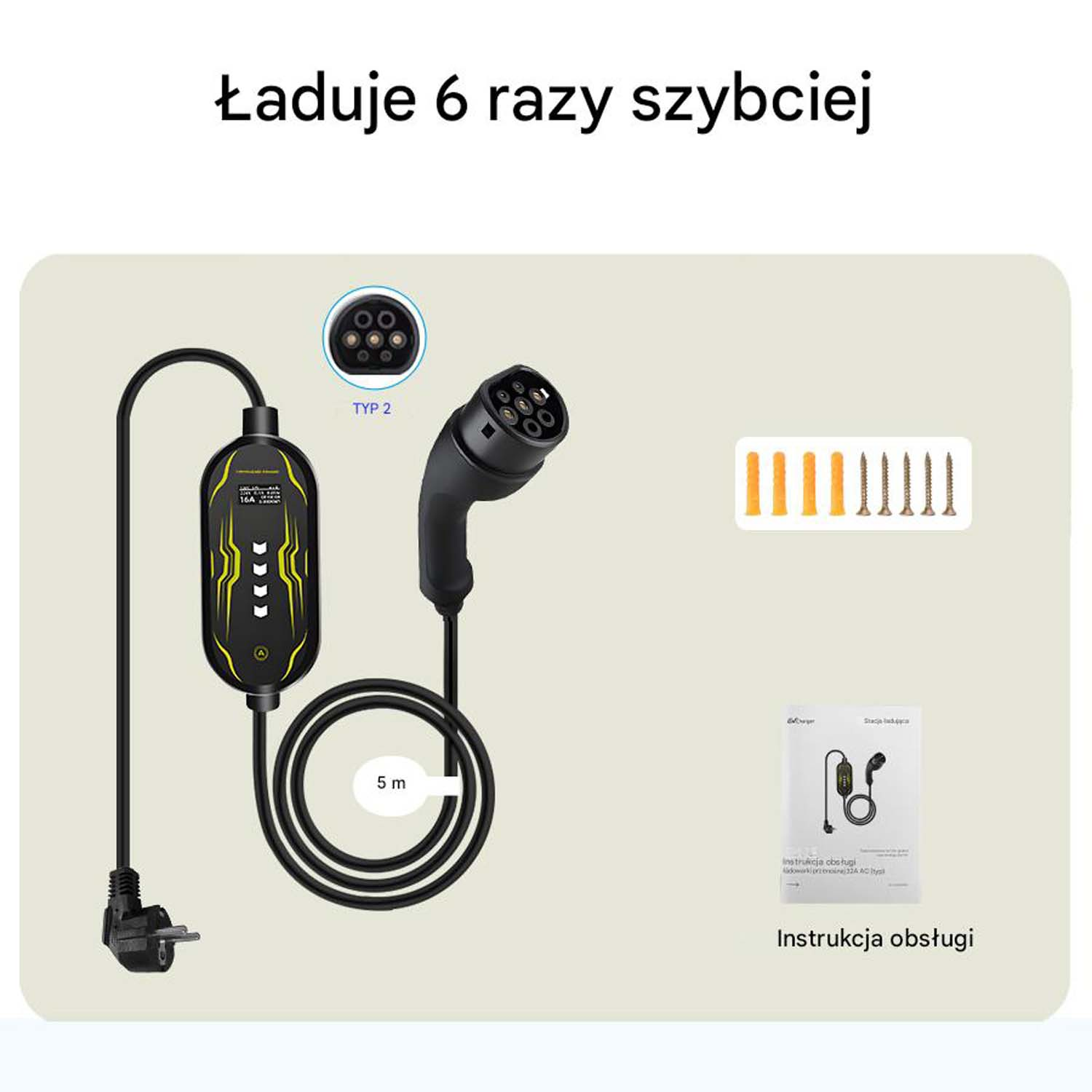 Ładowarka EV z kablem, złączem i akcesoriami na białym tle.