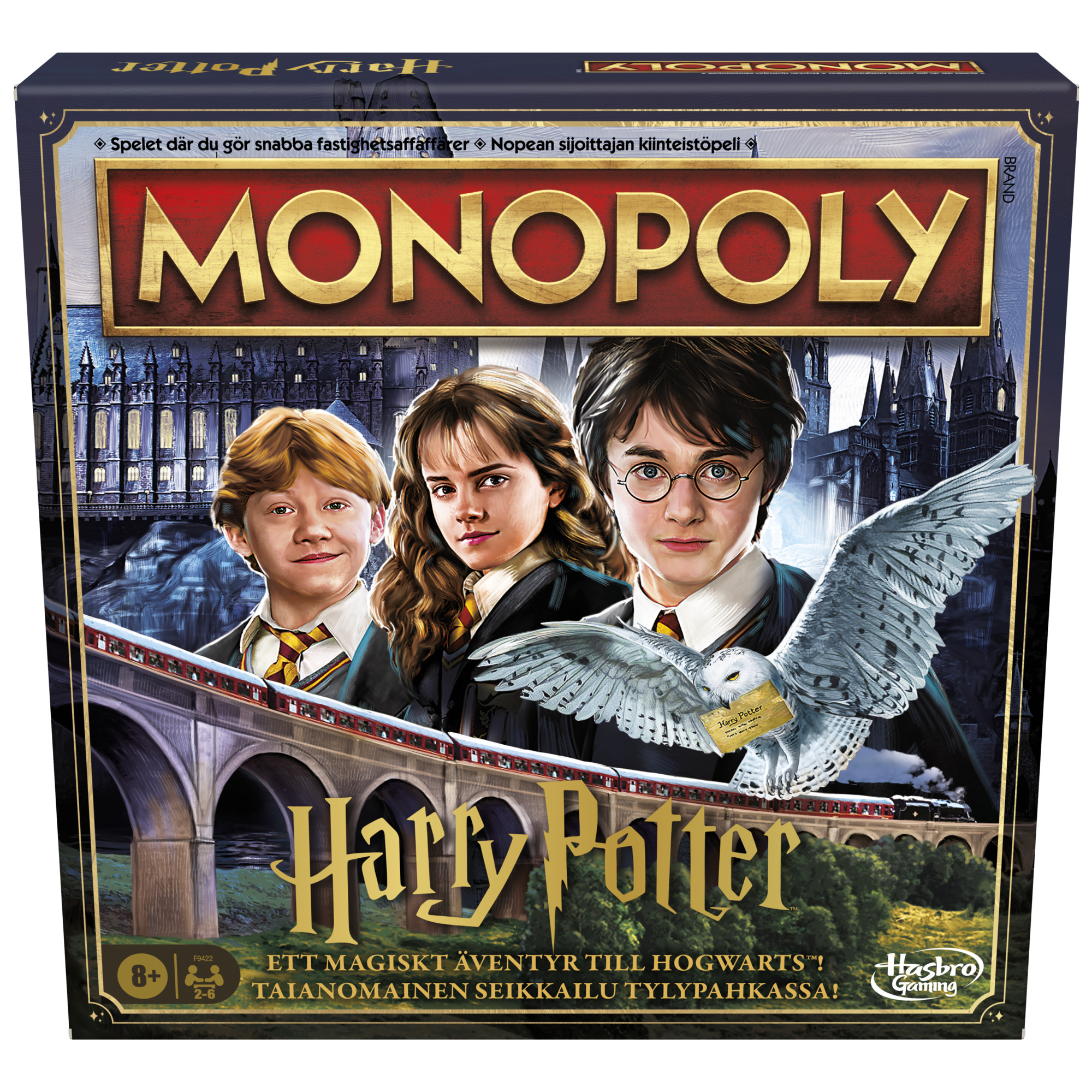 Harry Potter Monopoly-Box mit den Charakteren, Hogwarts und einem Zug.