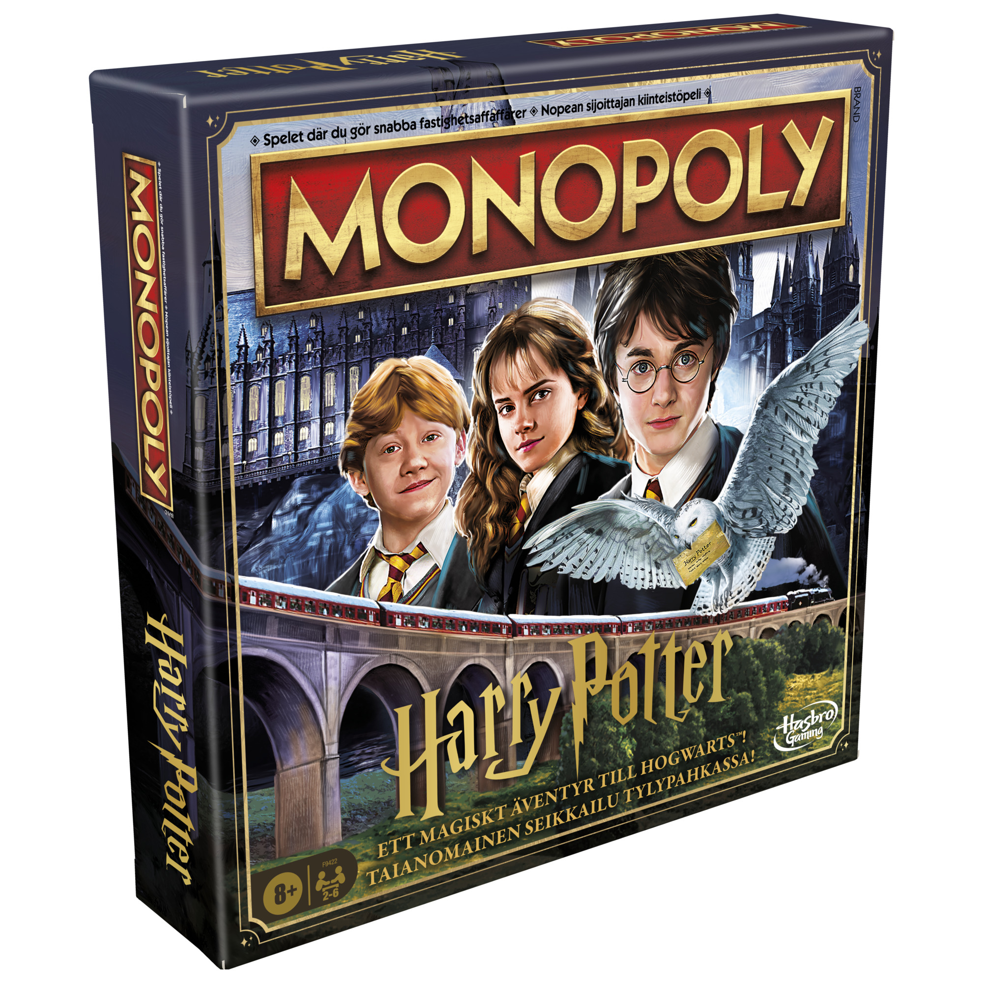 Monopoly Harry Potter Spielbox, mit den Charakteren und einer Stadtlandschaft.