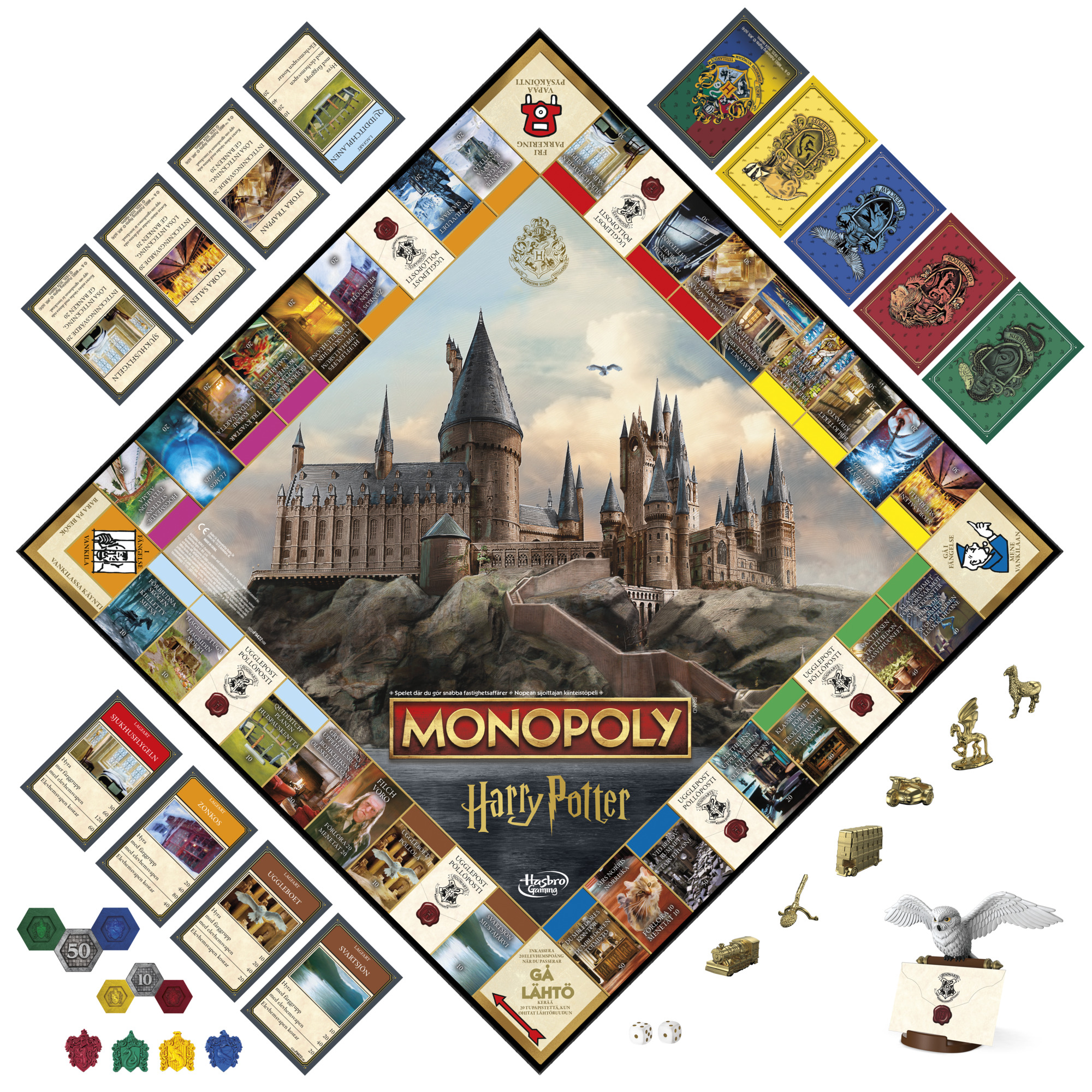 Harry Potter Monopoly Spielbrett mit Spielsteinen, Karten und Charakteren.