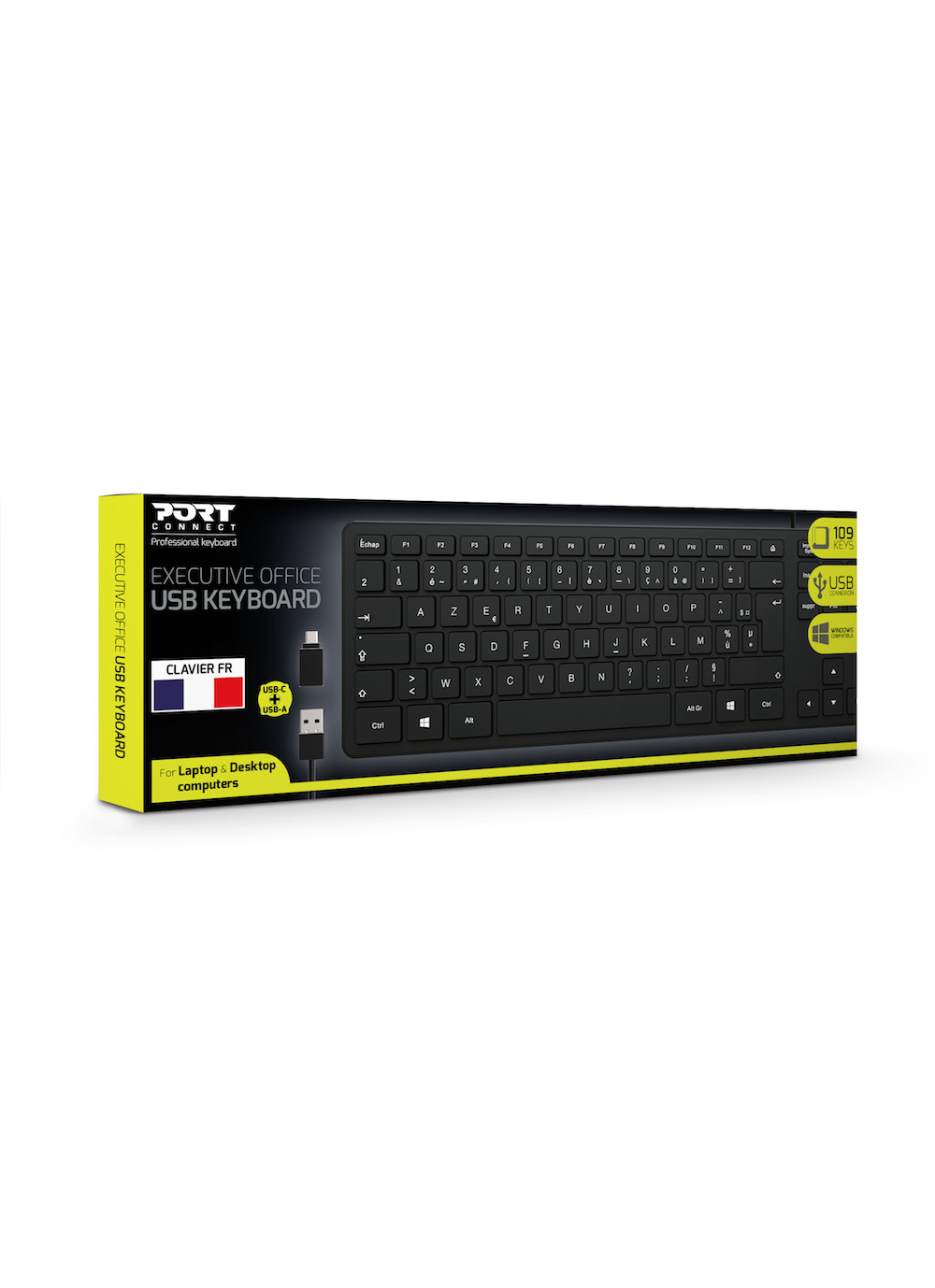 Teclado USB negro en caja negra y amarilla, diseño francés.
