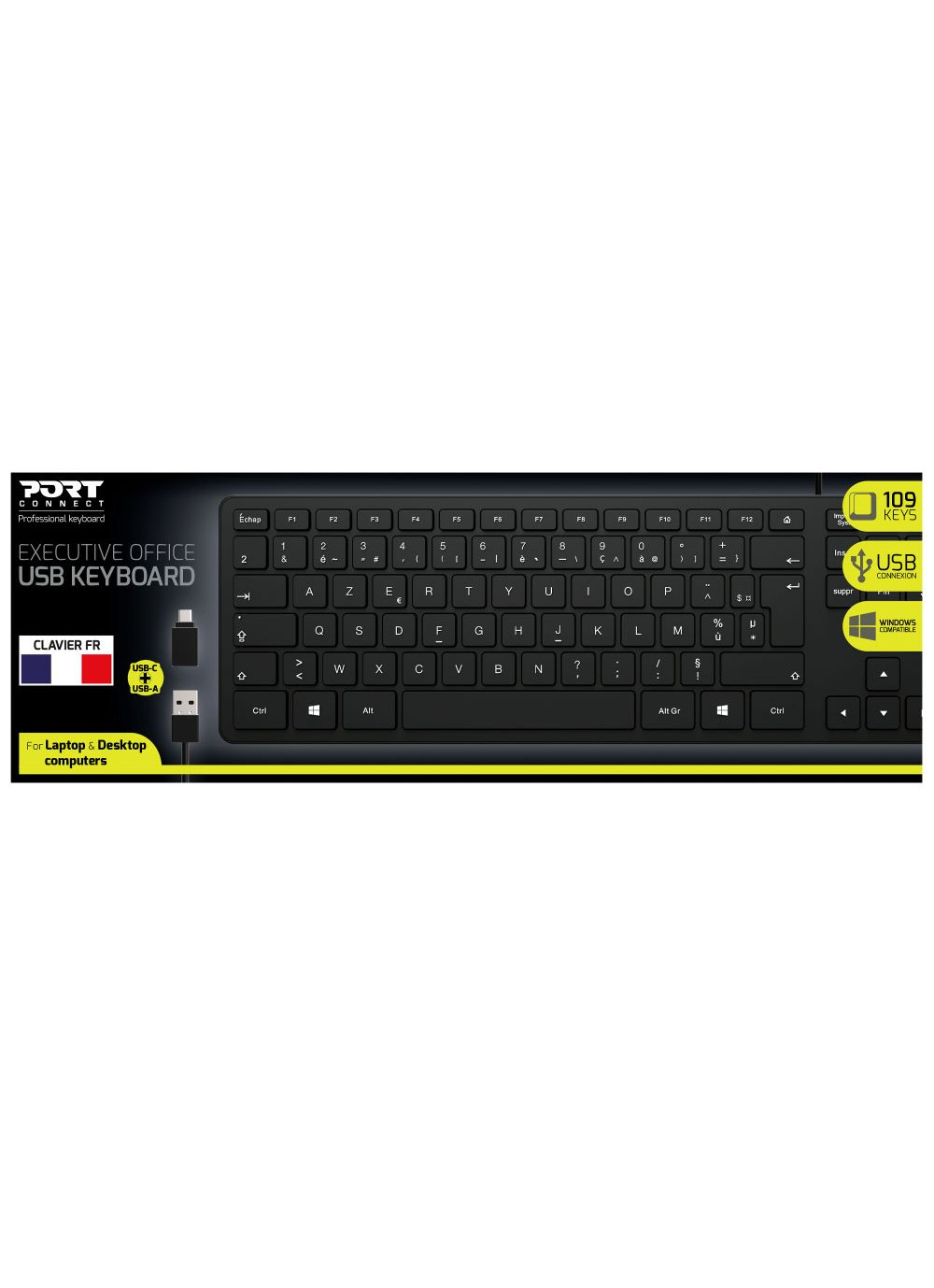 Teclado negro con teclas blancas y un puerto USB-C. El teclado tiene teclas francesas.