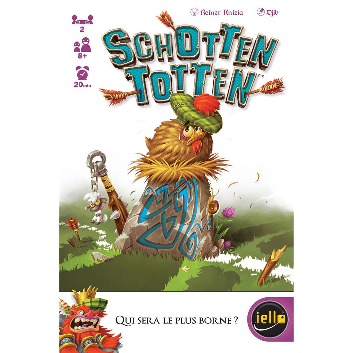 Eine Spielbox mit einer Hühnerillustration. Der Text lautet 'Schotten Totten'.