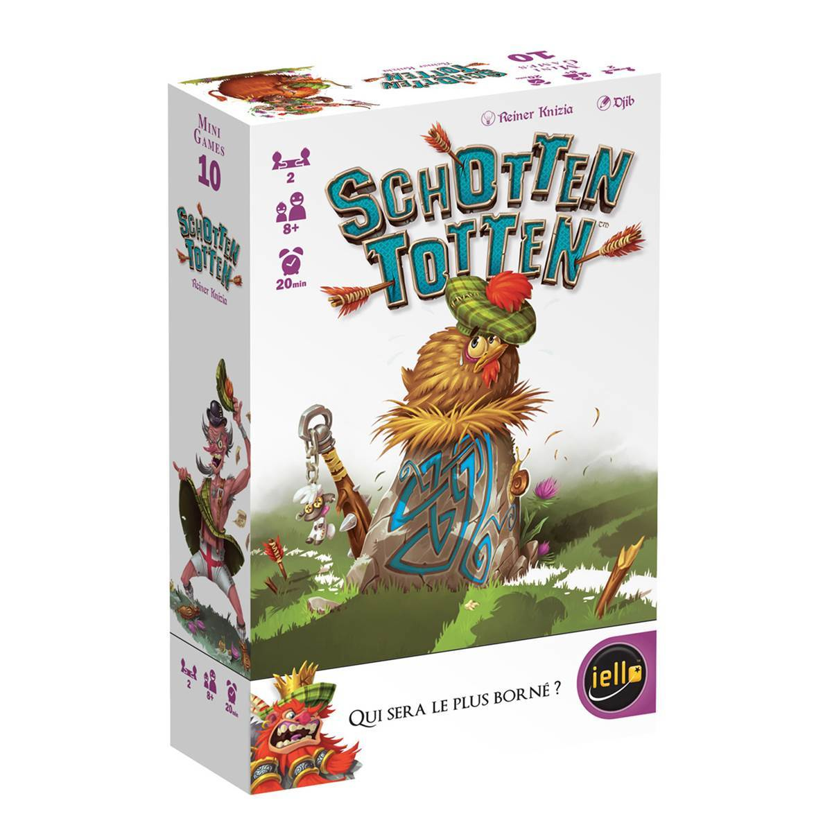 Eine Spielbox mit einer Hühnerillustration. Der Text lautet 'Schotten Totten'.