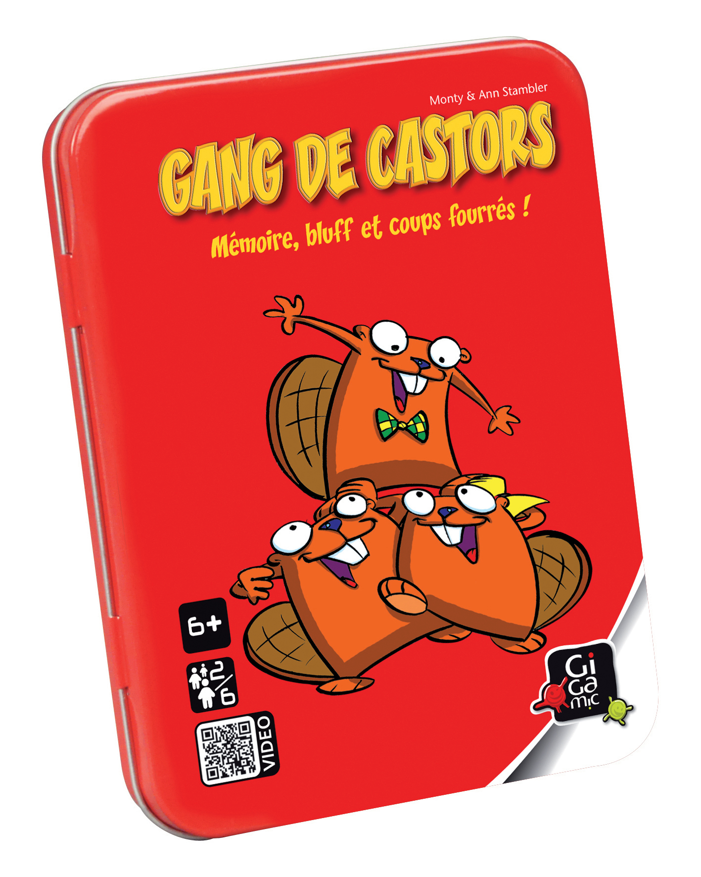Eine rote Spielbox mit Biber-Cartoonfiguren. Das Spiel trägt den Titel "Gang de Castors".