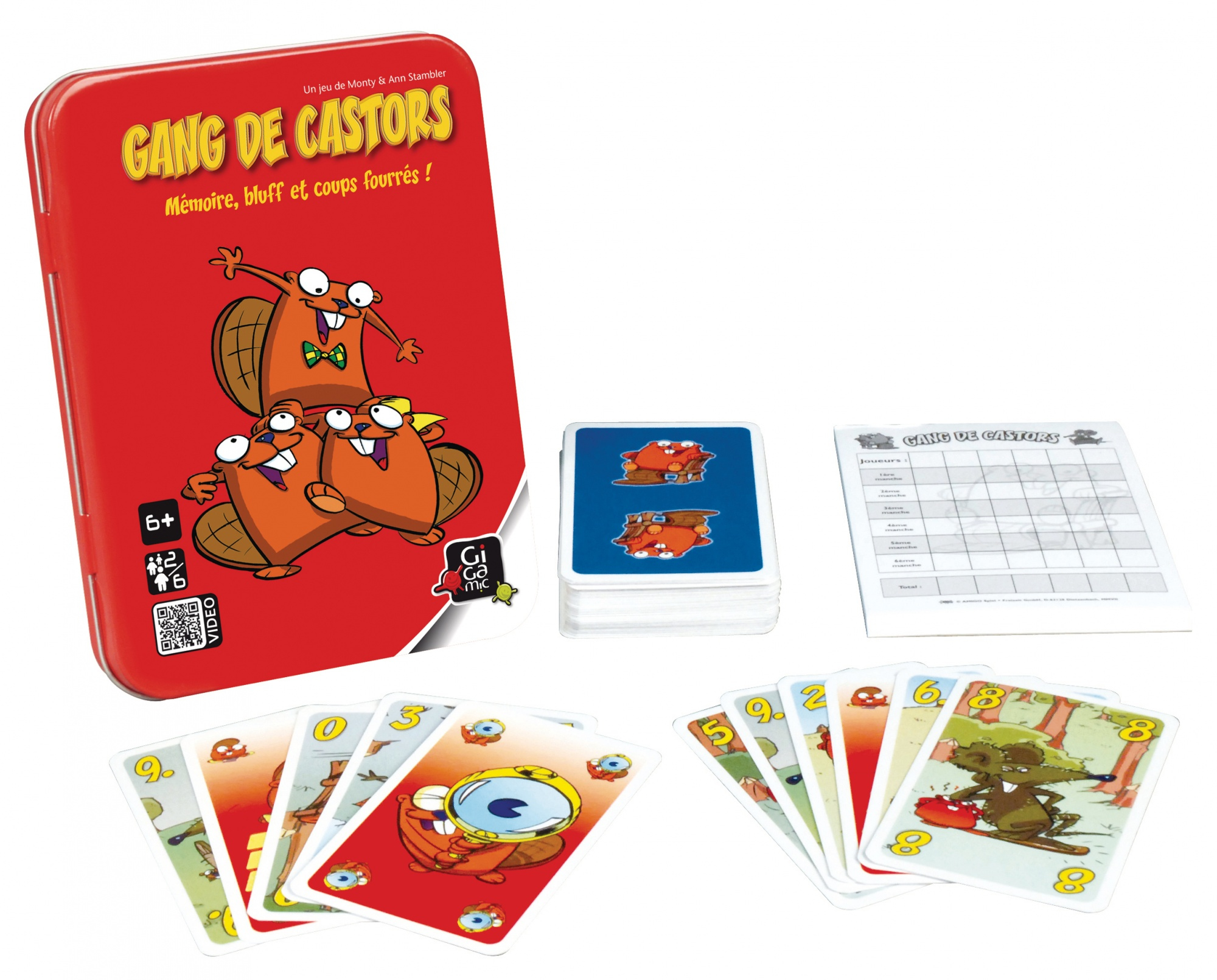 Eine rote Blechdose mit Biberillustrationen und Spielkomponenten. Text: Gang de Castors.