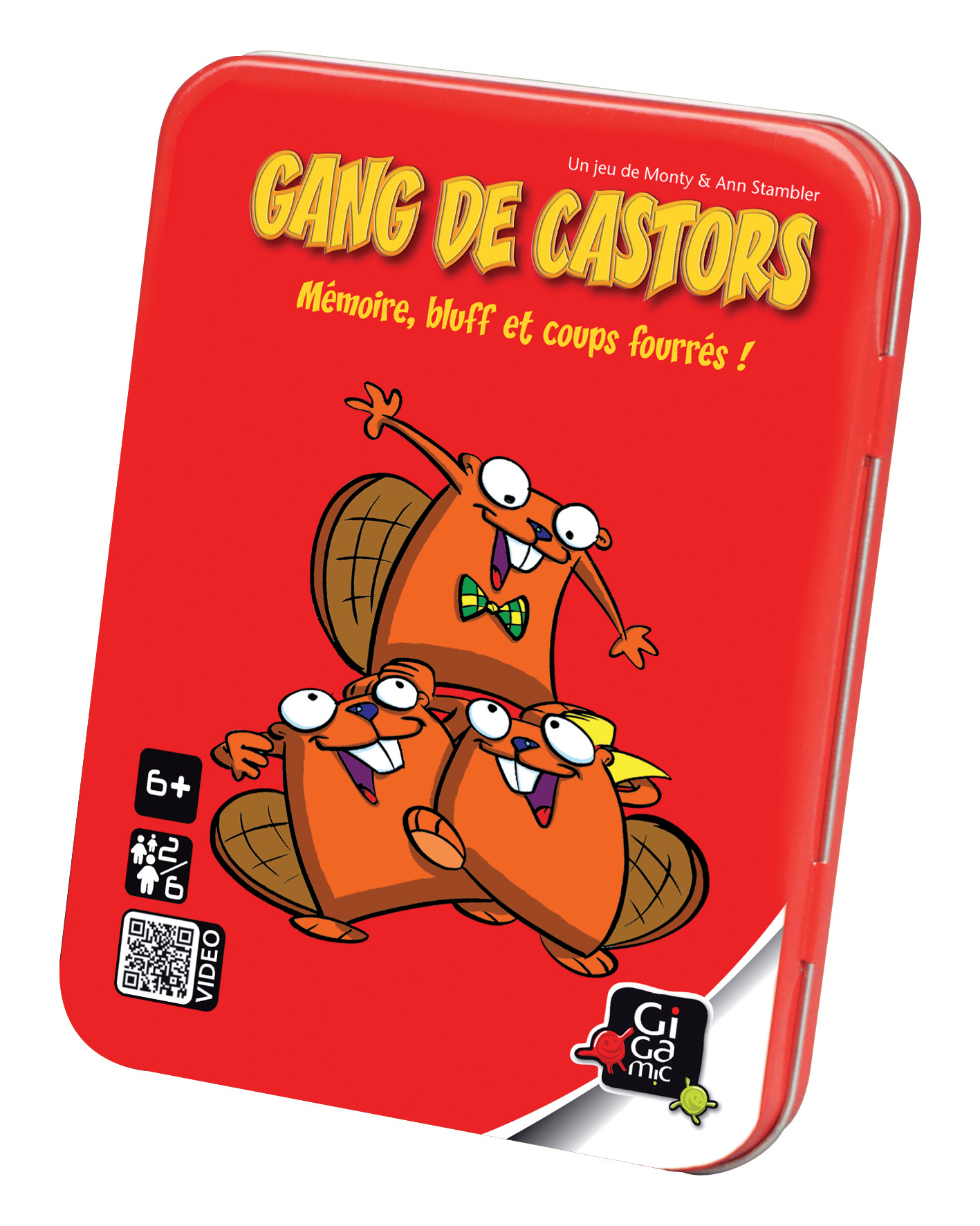 Rote Spielbox mit Biber-Cartoonfiguren. Das Spiel trägt den Titel "Gang de Castors".