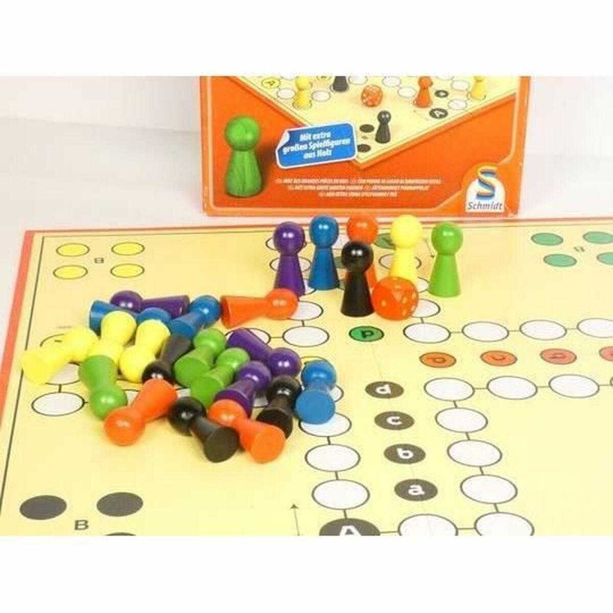 A board game with colorful game pieces. Text and illustrations are visible.