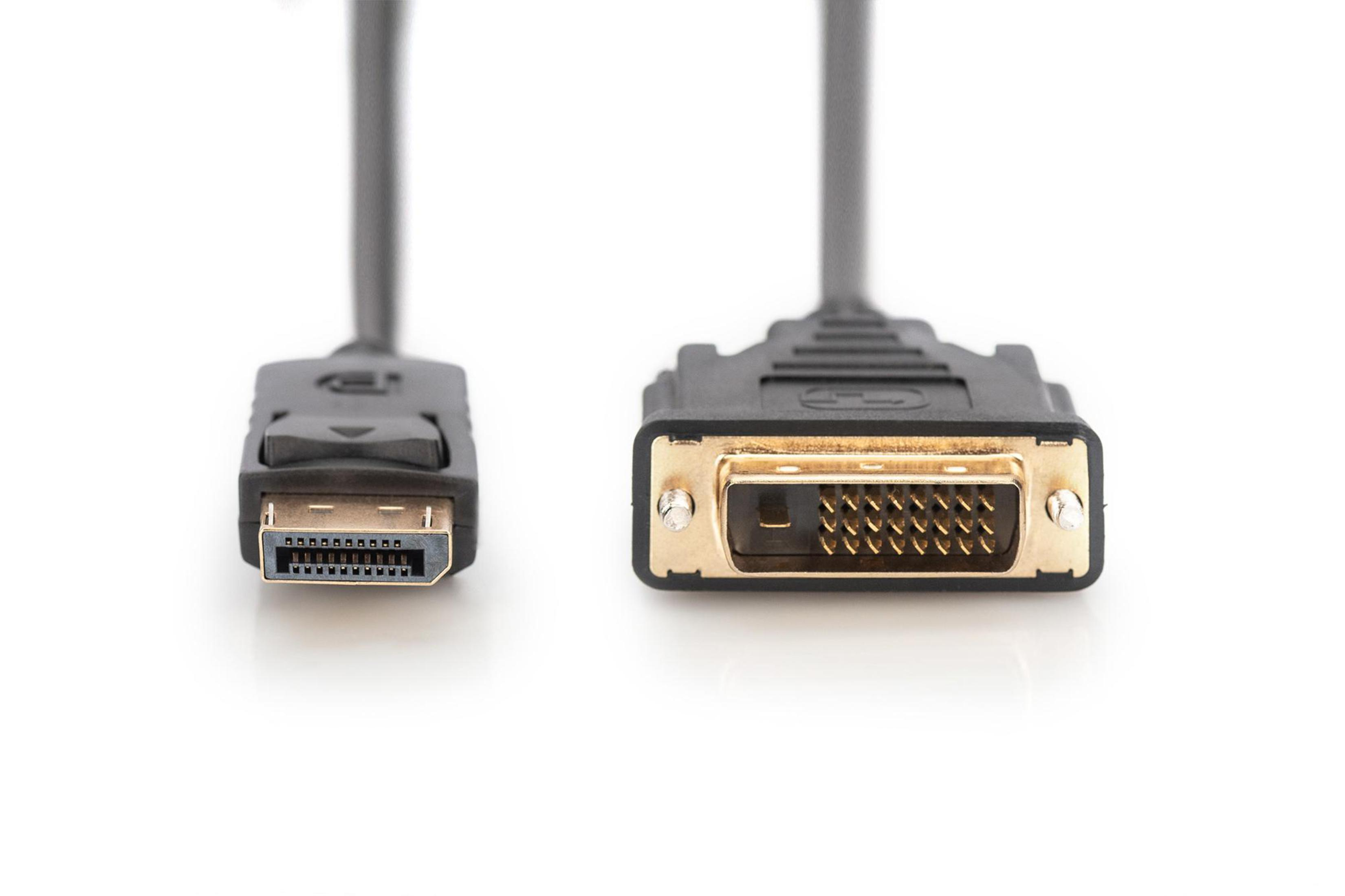 Kabel adaptera DisplayPort do DVI. Złącza pokazano na białym tle.