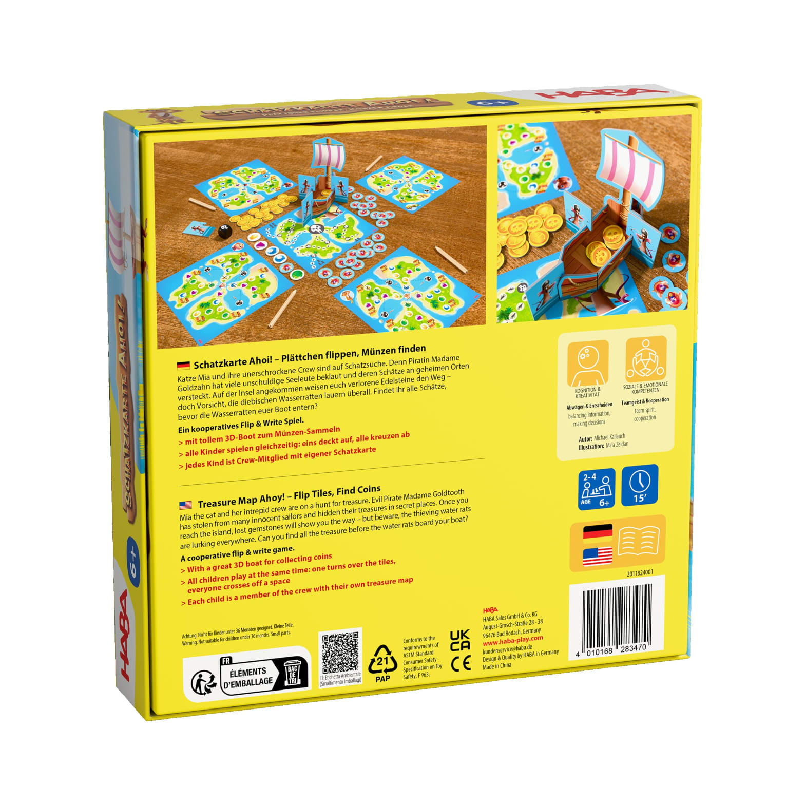 Dos d'une boîte de jeu de carte au trésor HABA. Boîte jaune et verte.